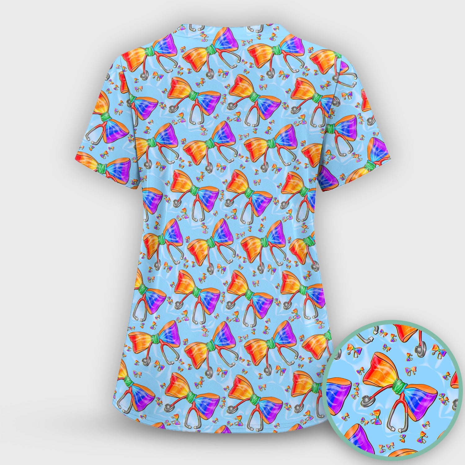 Colorful Rainbow Bow Stethoscope Pattern Scrub Top, Breathable Fabrics Nursing Uniform