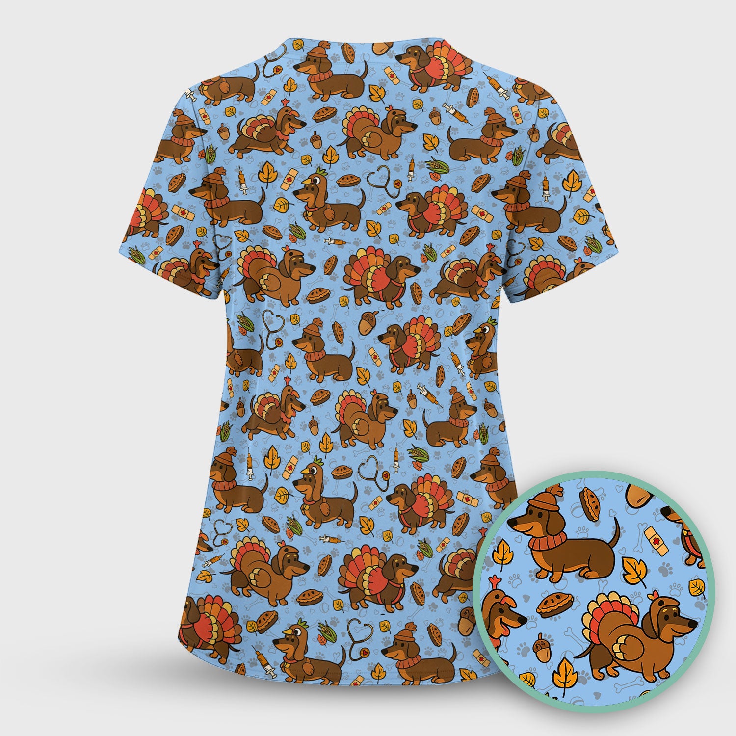 Thanksgiving Wiener Dog Scrub Top - Funny Dachshund TurkeChicken Nurse Shirt for Women - Cute Holiday Medical Uniform