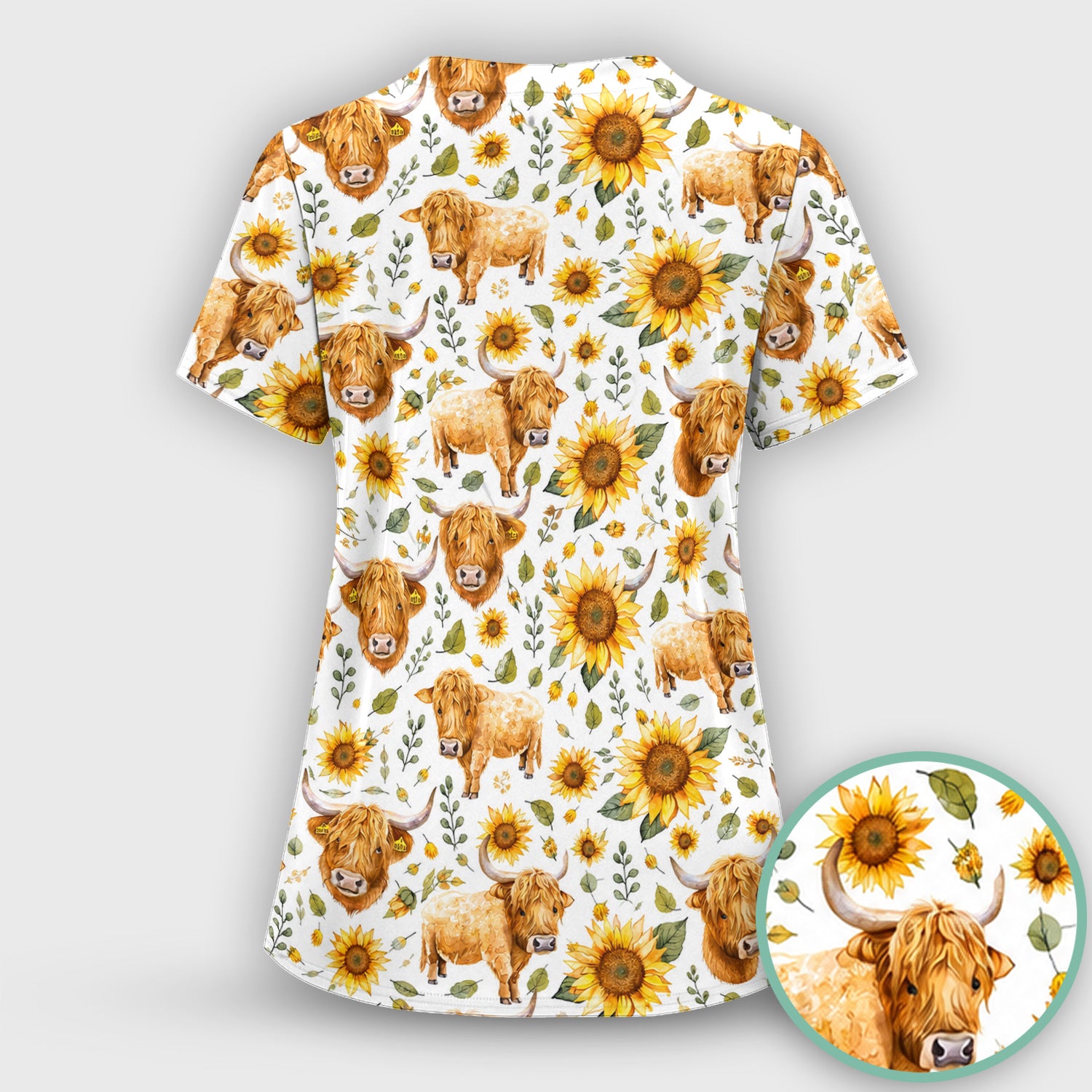 Highland Cow Sunflower Pattern Scrub Top, Comfortable Scrubs for Nurses