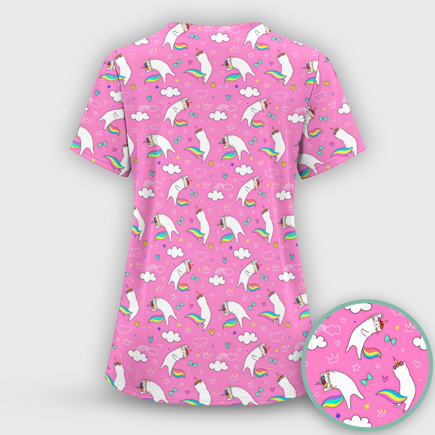 Unicorn Cat With Rainbow Tail Clouds Scrub Set, Scrub Pants and V Neck Top