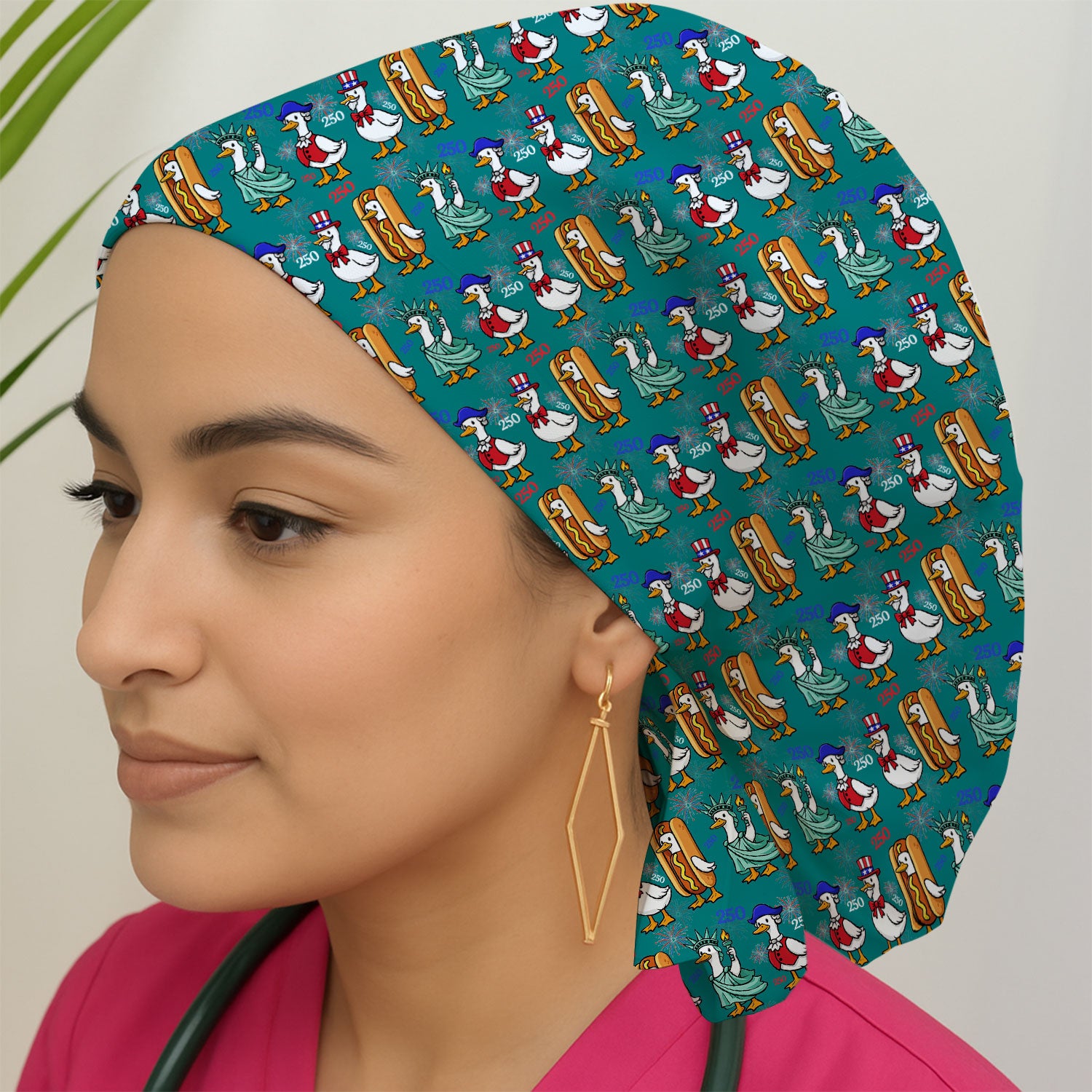 Patriotic Duck Independence Day Pattern Print Cap, Bouffant Scrub Caps for Women