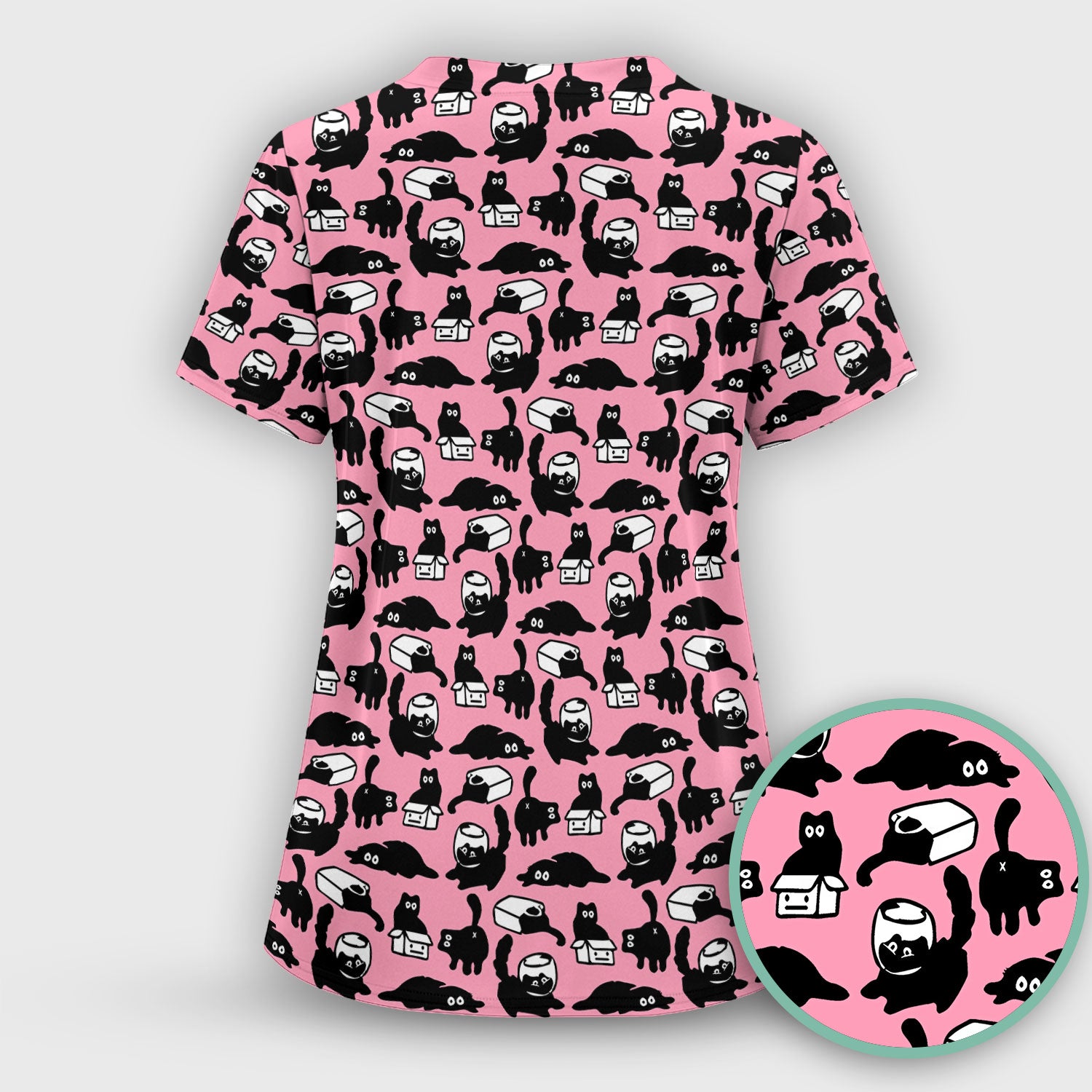 Dark Playful Cat Cartoon Pattern Scrub Top, Comfortable Scrubs for Nurses