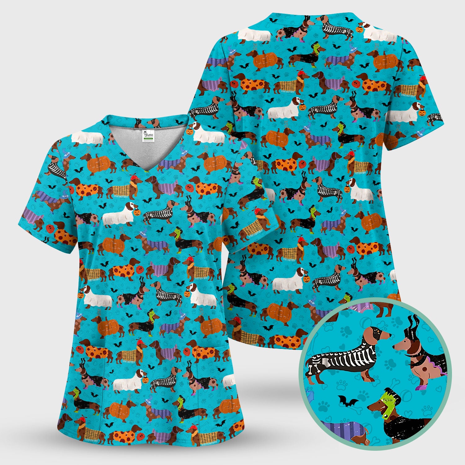 Funny Halloween Dachshund Scrub Top - Cute Sausage Dog Pumpkin Skeleton Nurse Shirt for Women - RN LPN CNA Medical Gift