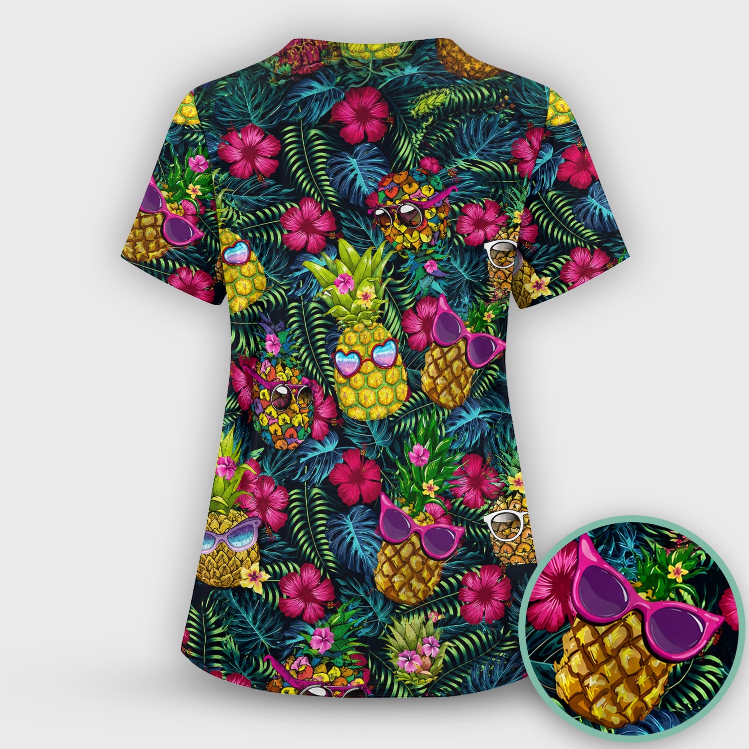 Cute Tropical Pineapple Sunglasses Pattern Scrub Top, Comfortable Scrubs for Nurses