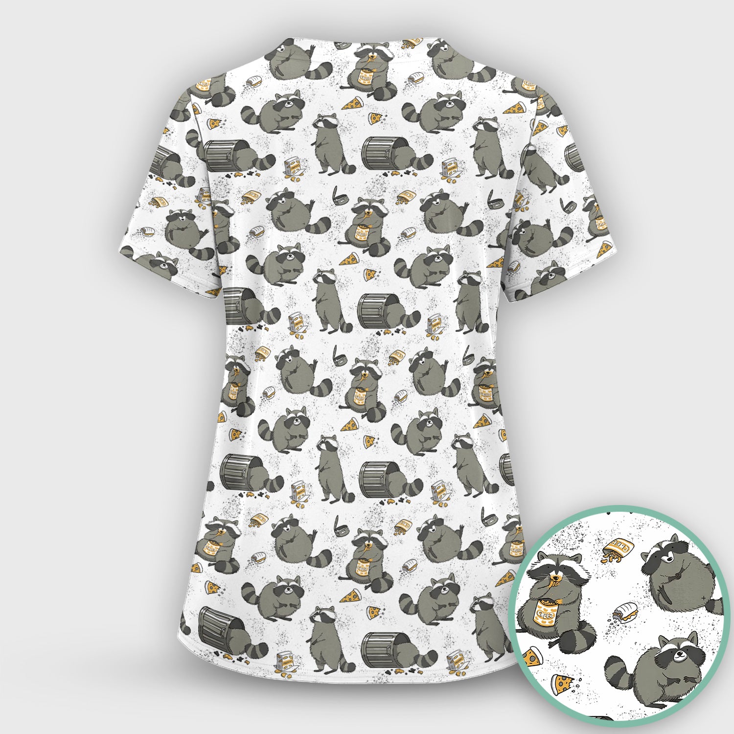 Raccoon Snack And Trash Can Pattern Scrub Set, Breathable Med Uniform