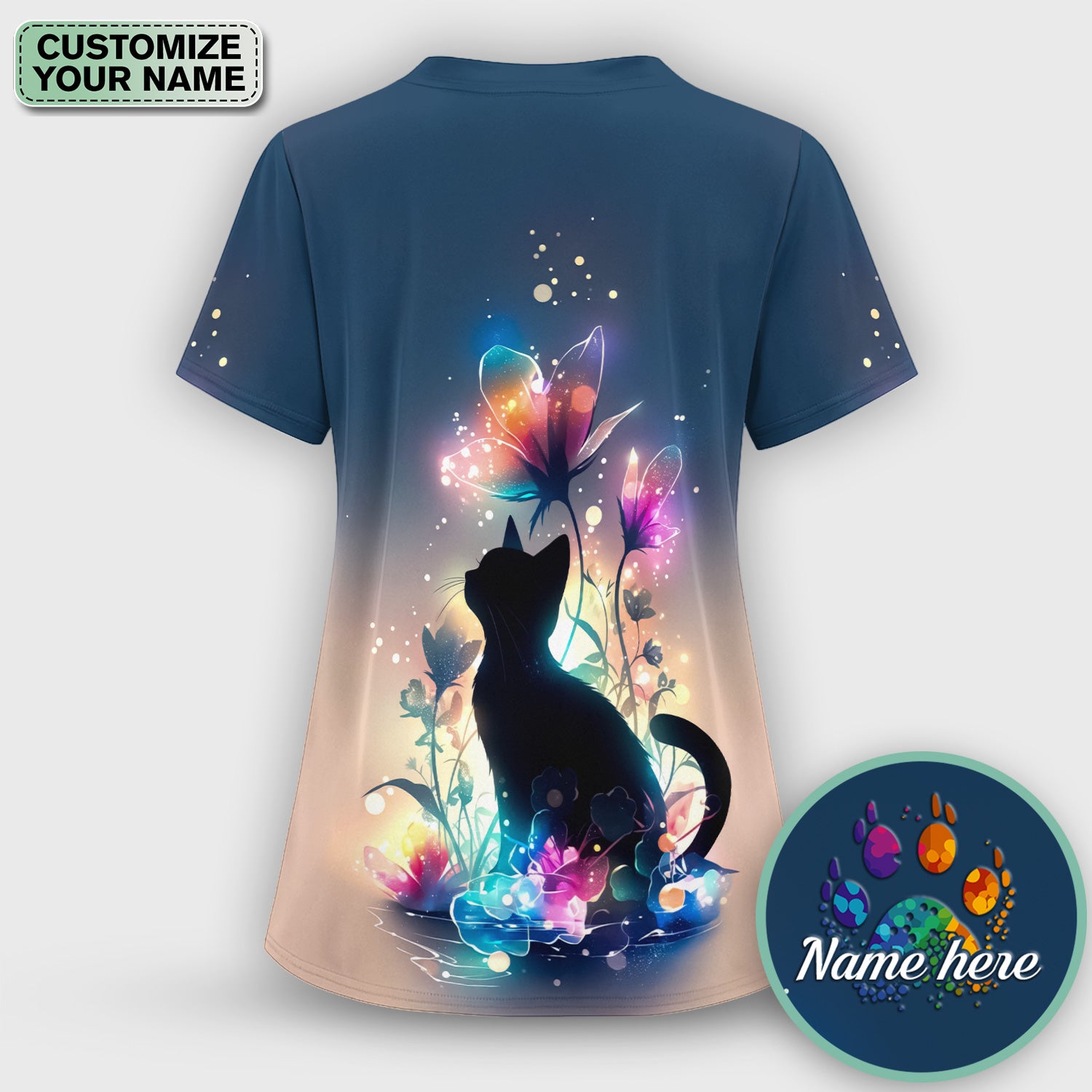 Custom Name Cat Floral Glow Pattern Scrub Top, Breathable Fabrics Nursing Uniform