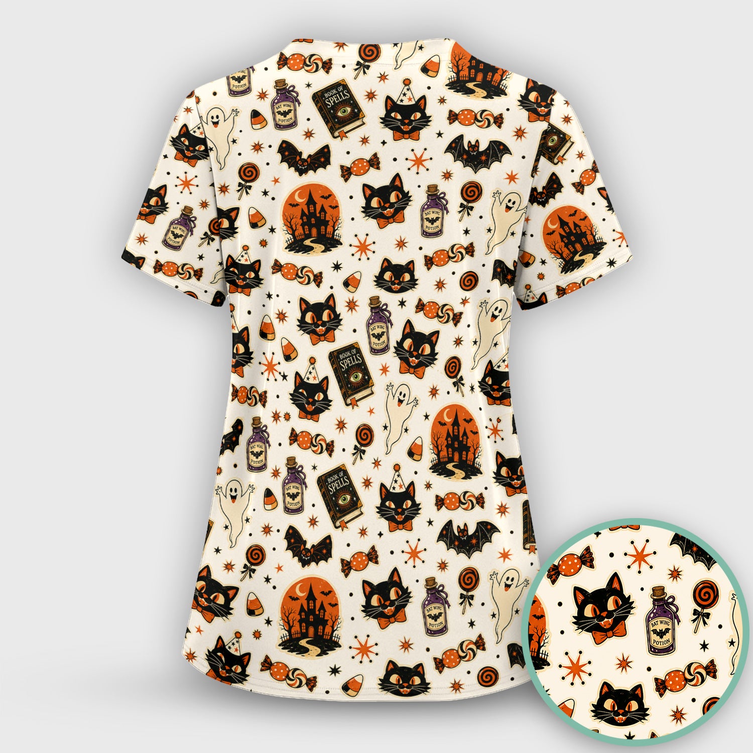 Halloween Black Cat with Ghost Candy Print Scrub Top, Comfortable Scrubs for Nurses