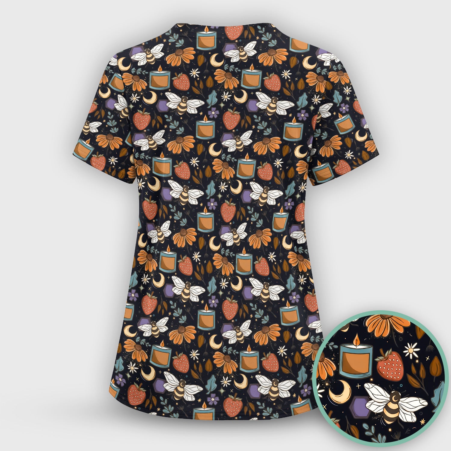 Bee Strawberry Floral Candle Pattern Scrub Set, Scrub Pants and V Neck Top