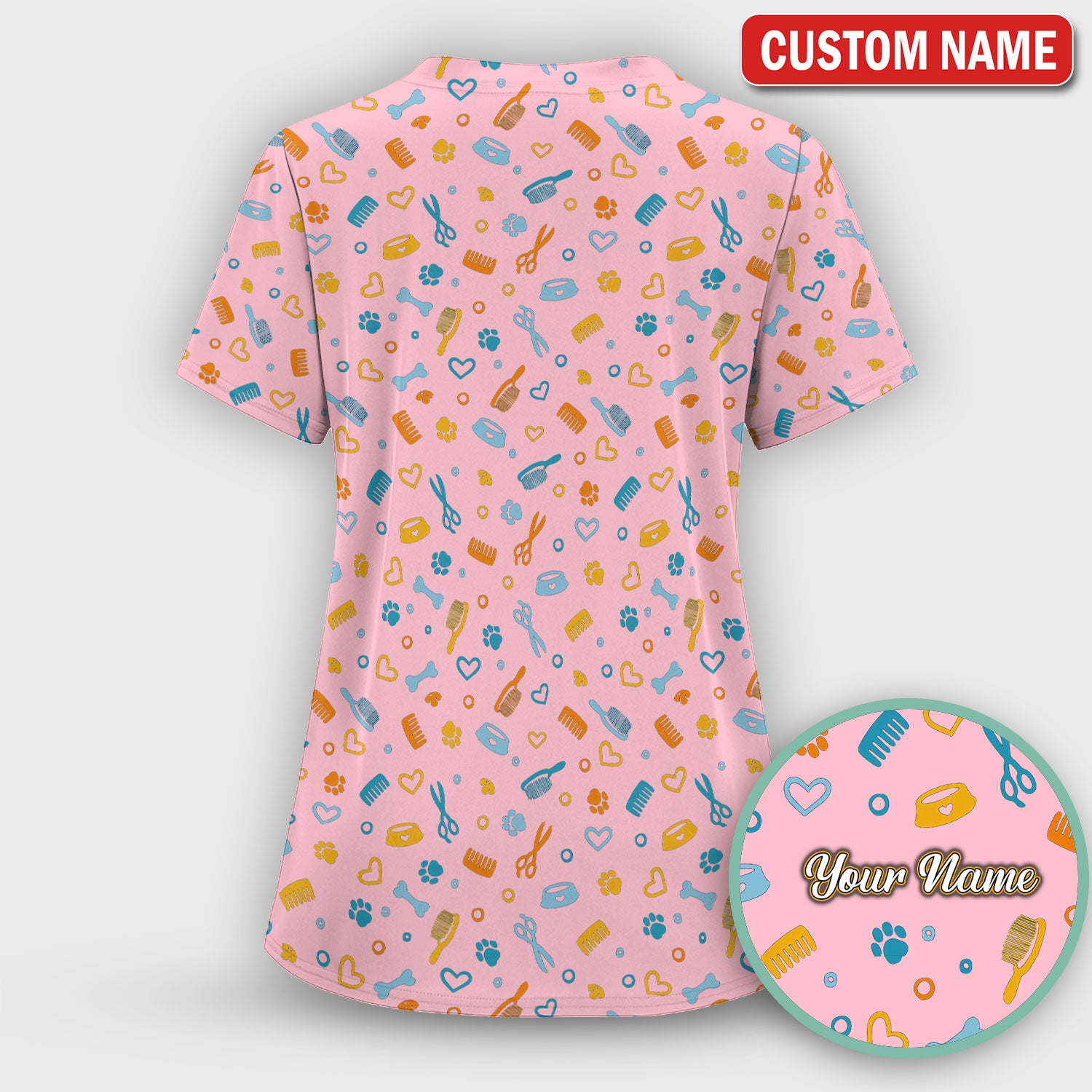 Custom Name Dog Cat Grooming Pattern Scrub Top, Breathable Fabrics Nursing Uniform