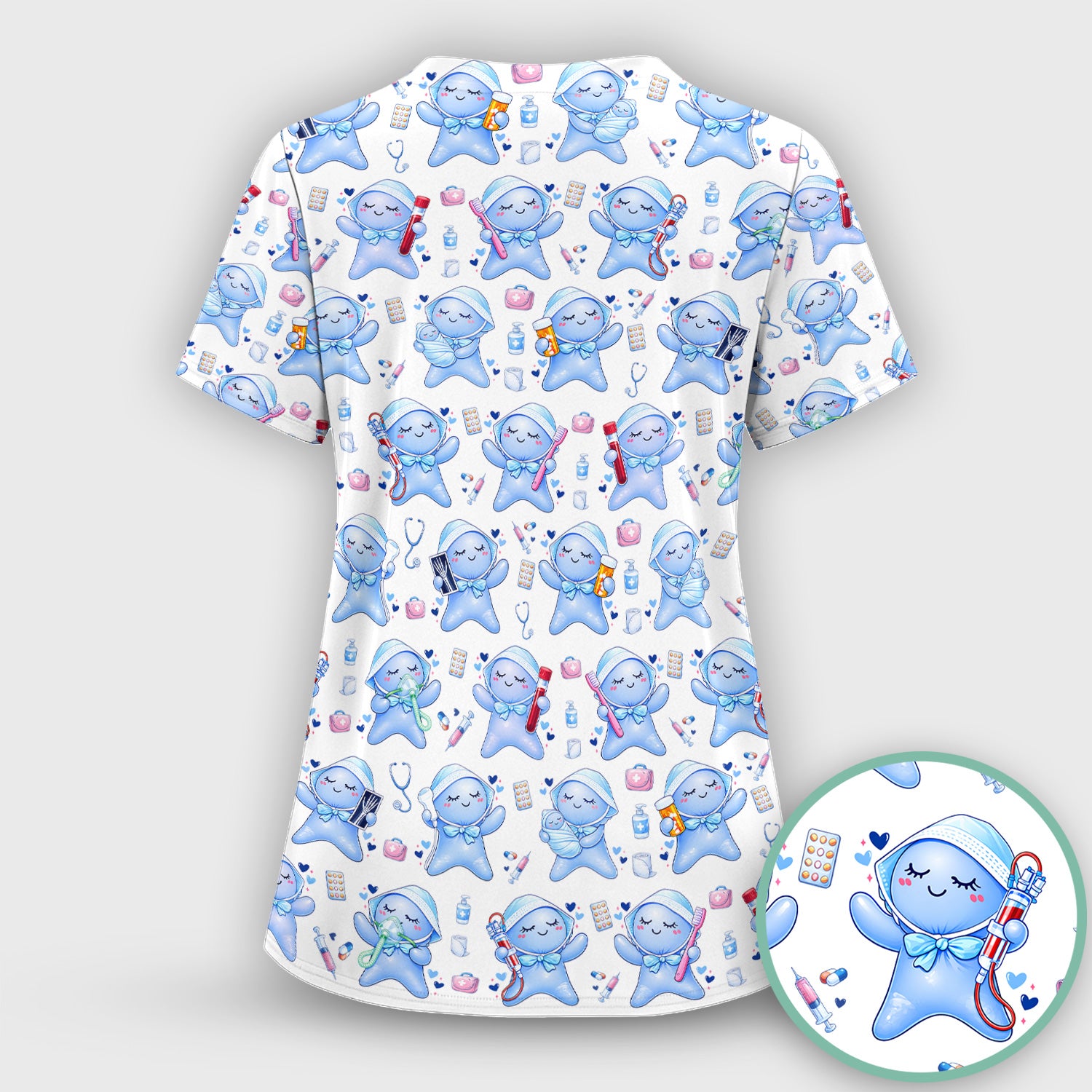 Cute Tooth Character Dental Tools Caring Pattern Scrub Set, Breathable Med Uniform