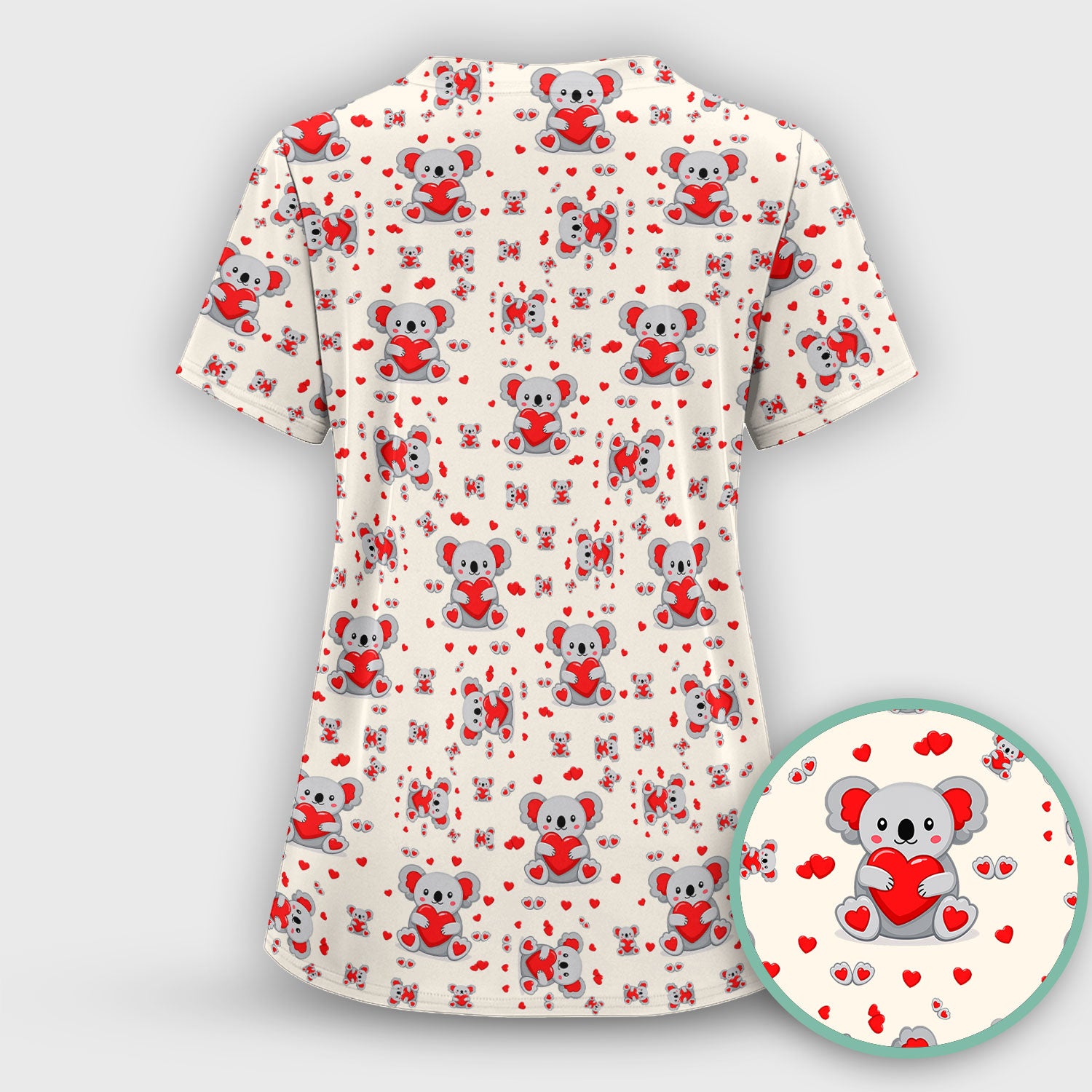 Valentine Cute Koala Heart Pattern Nurse Shirt, Comfortable Scrubs for Nurses