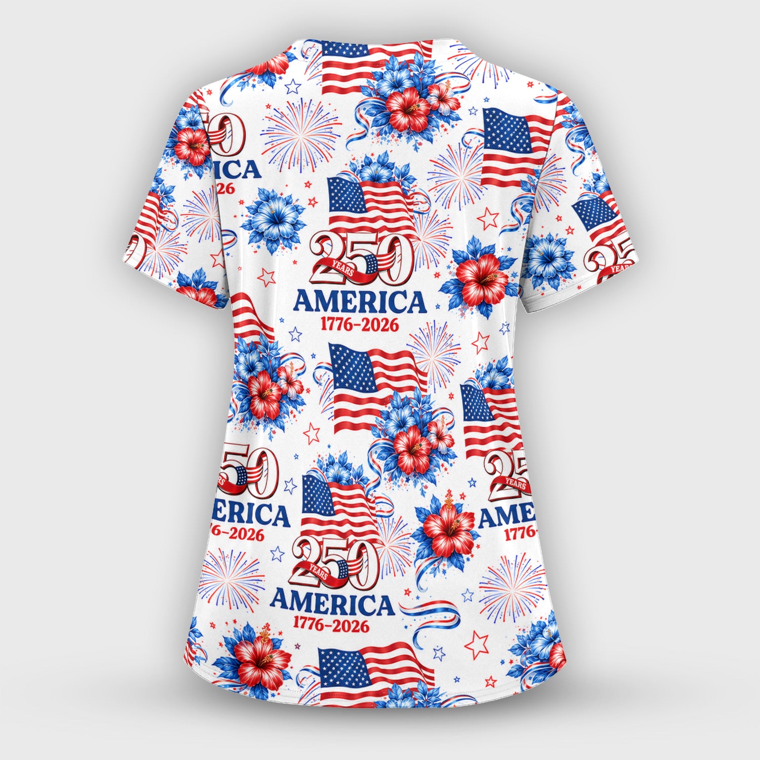 America 250 with Flag Firework Pattern Scrub Top, Comfortable Scrubs for Nurses