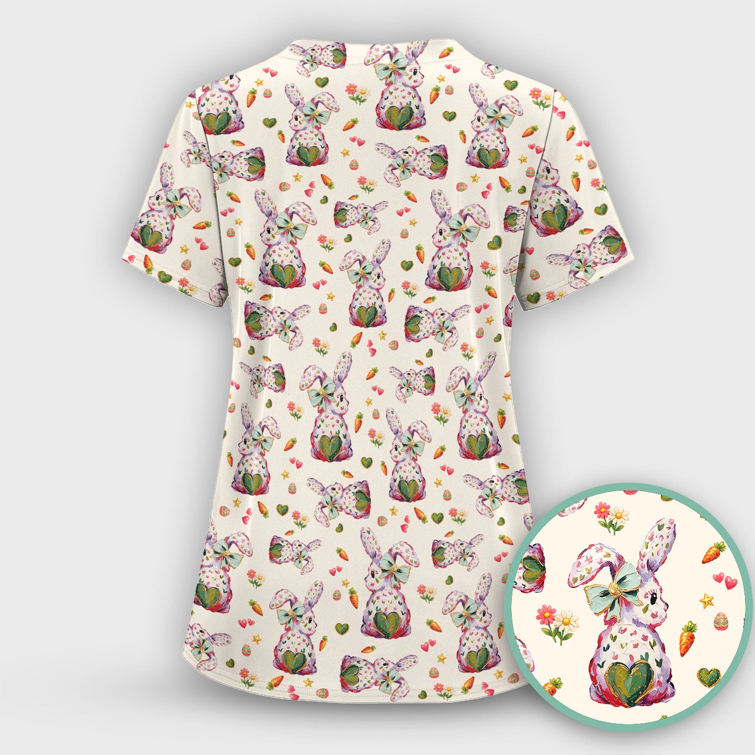 Cute Pastel Bunny Easter Pattern Scrub Top, Comfortable Scrubs for Nurses