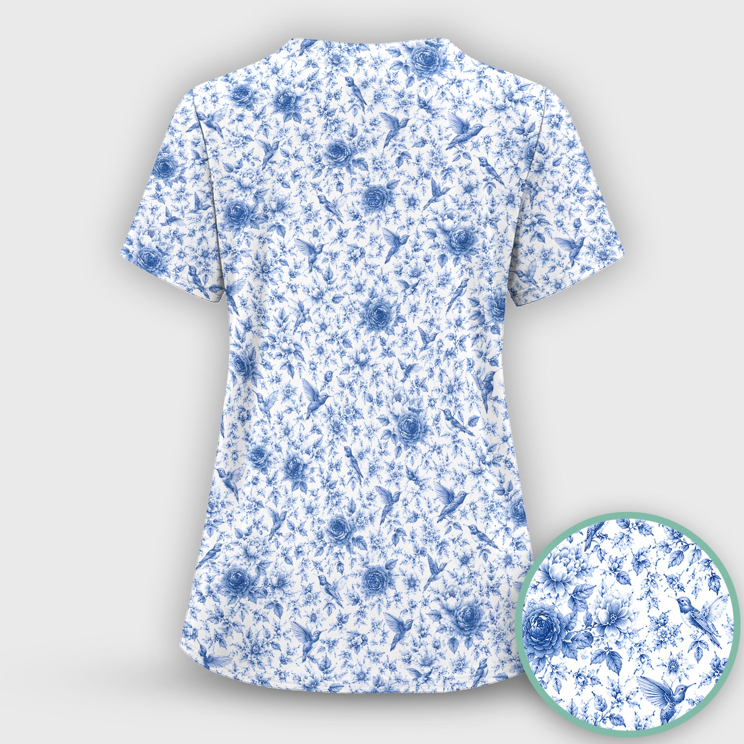 Blue Floral Hummingbird Toile Pattern Scrub Top, Comfortable Scrubs for Nurses