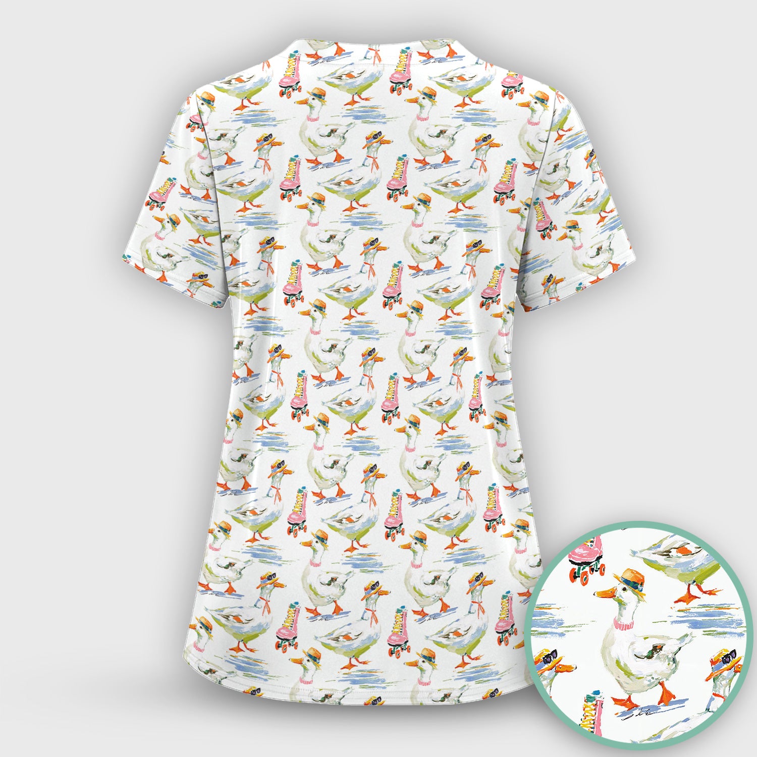 Roller Skating Goose Nurse Pattern Scrub Set, Scrub Pants and V Neck Top