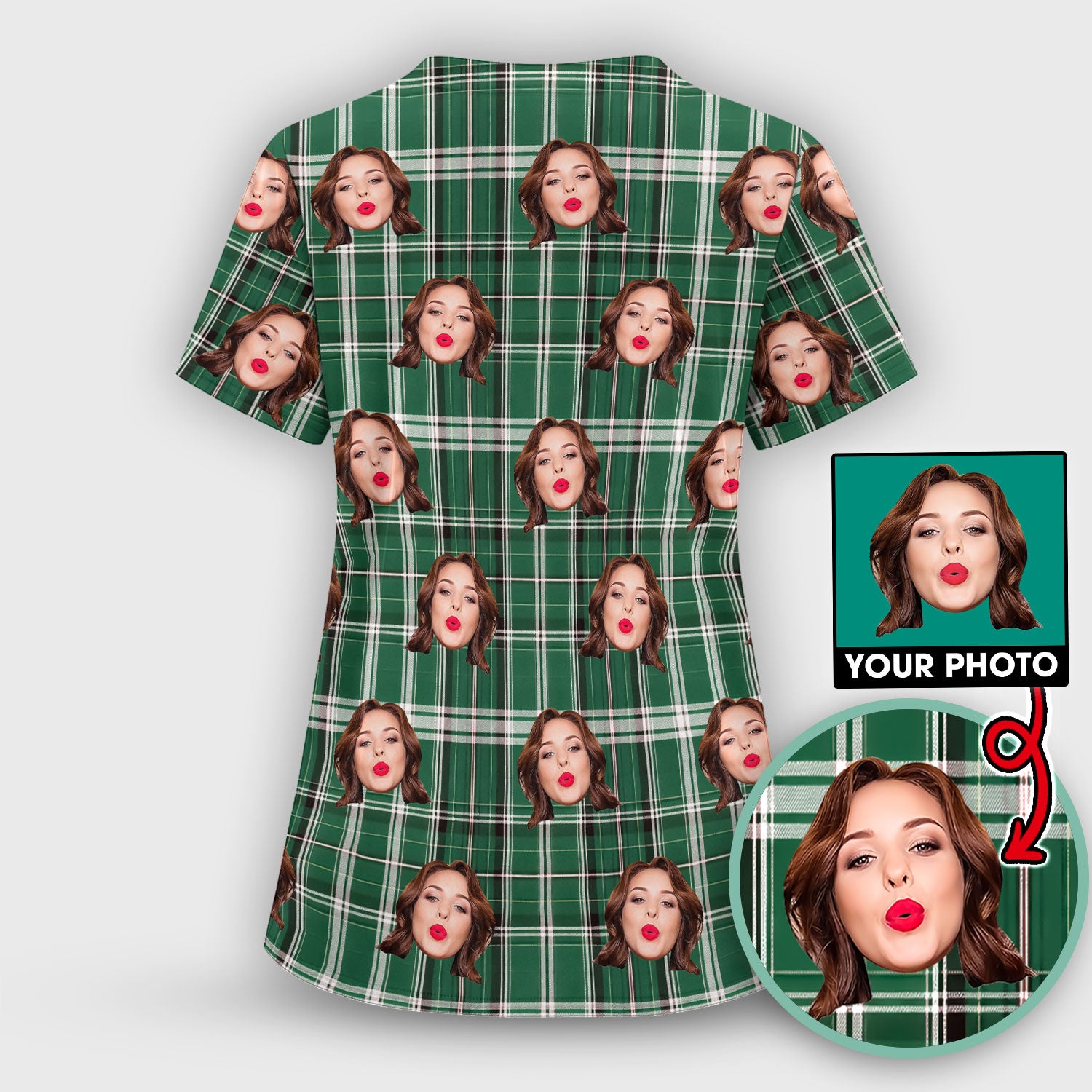 Personalized Funny Face Plaid Scrub Top, Custom Photo Pattern Medical Shirt, Breathable Fabrics Nursing Uniform