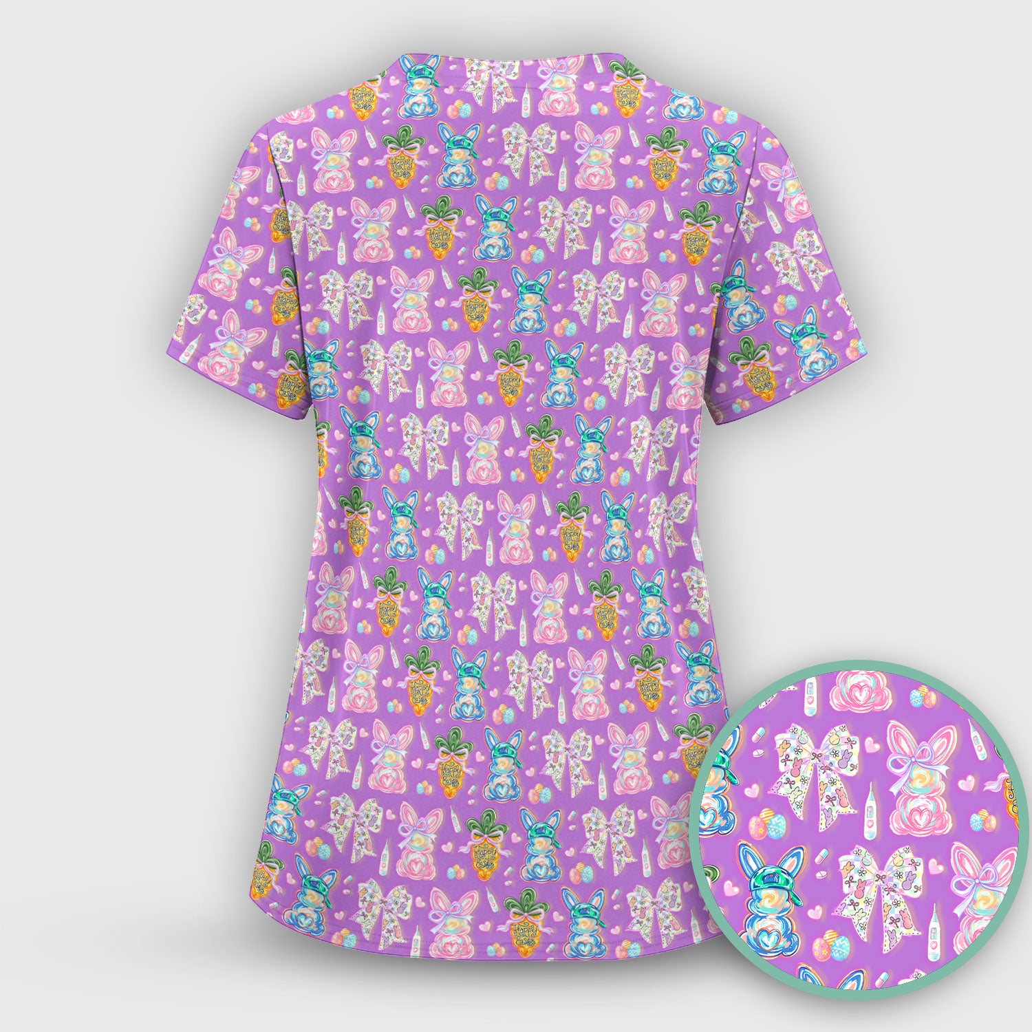 Easter Bunny Carrot Bow Floral Print Scrub Top, Comfortable Scrubs for Nurses