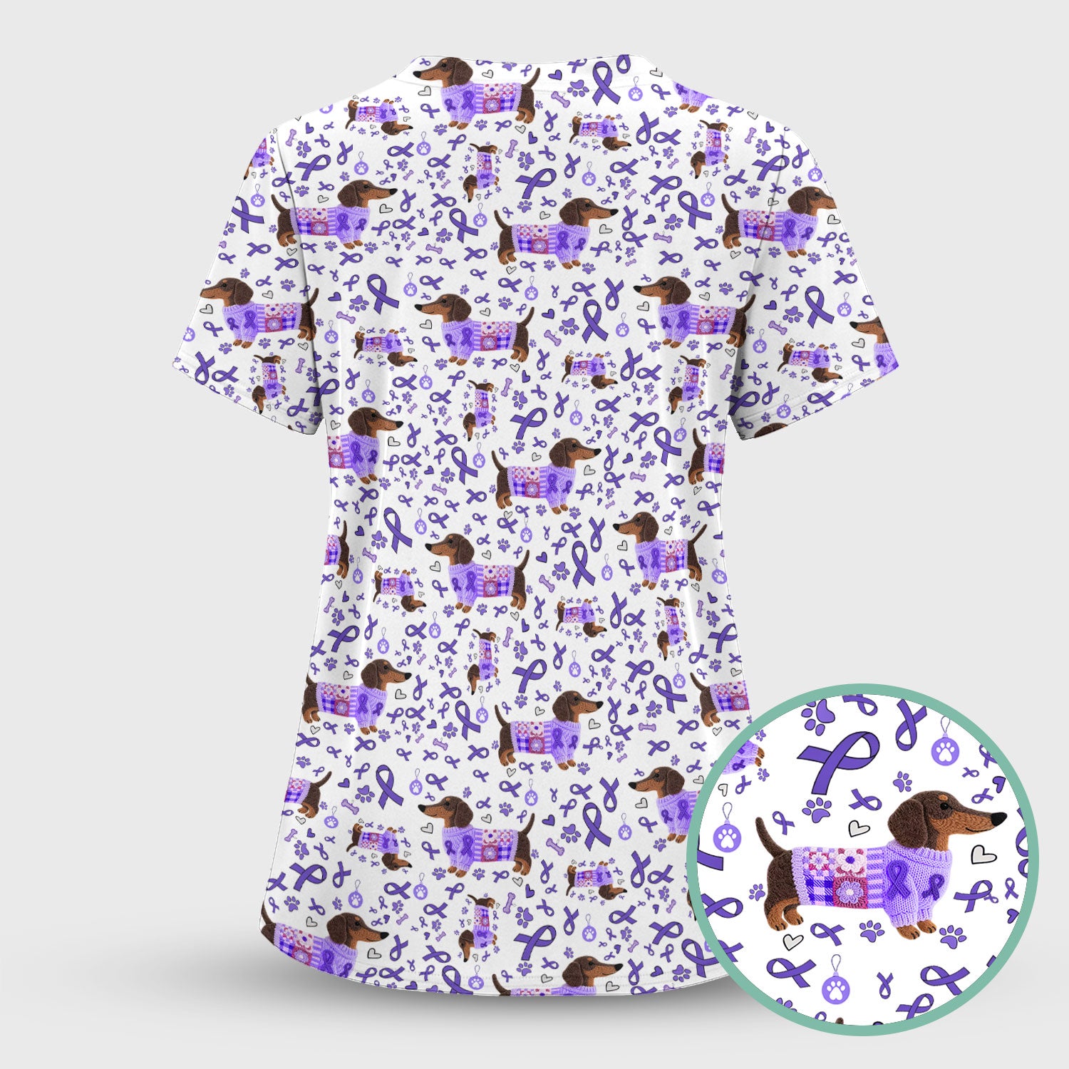 Purple Ribbon Dachshund Scrub Top for Nurses - Cute Awareness Dog Paw Prints - Support Lupus Cancer Med Uniform Gift for Women