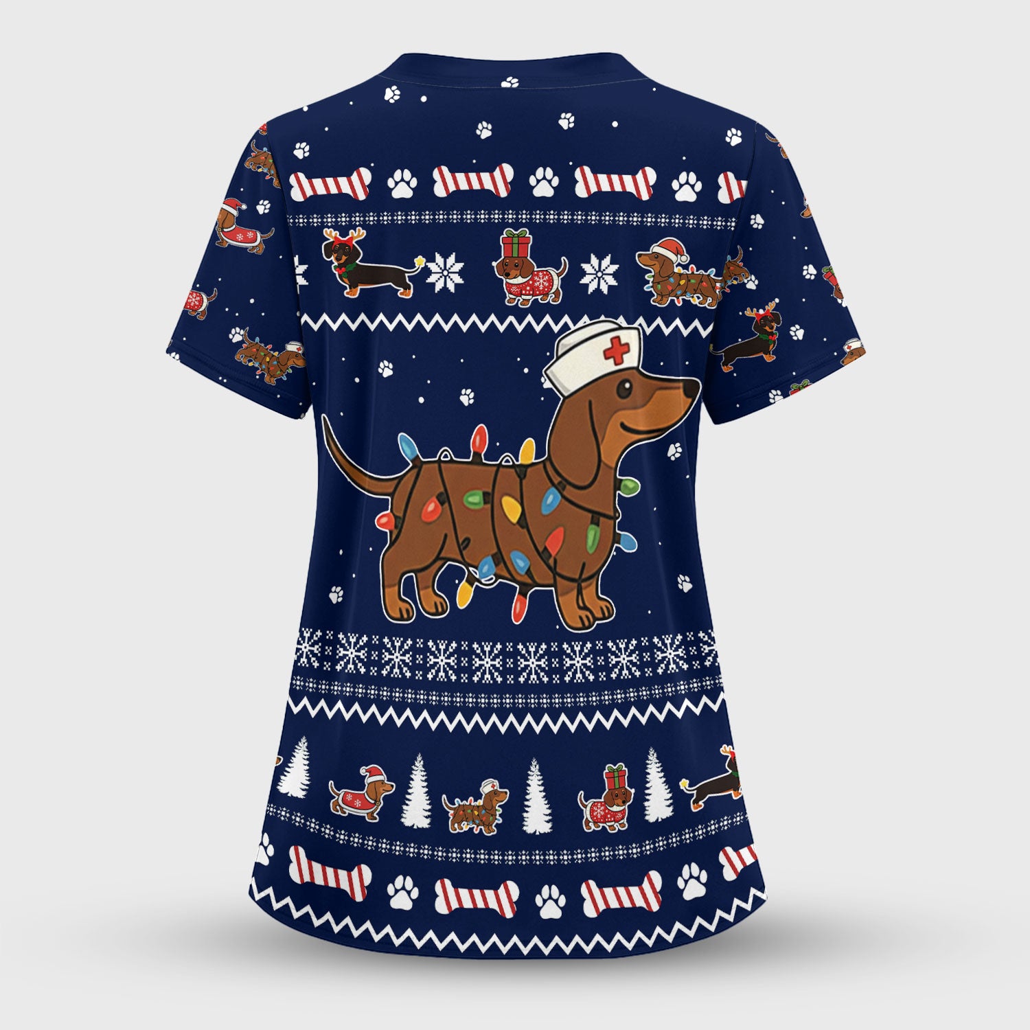 Christmas Dachshund Nurse Scrub Top for Women - Cute Sausage Dog Wearing Lights - Funny Holiday Medical Shirt Gift for RN CNA LPN