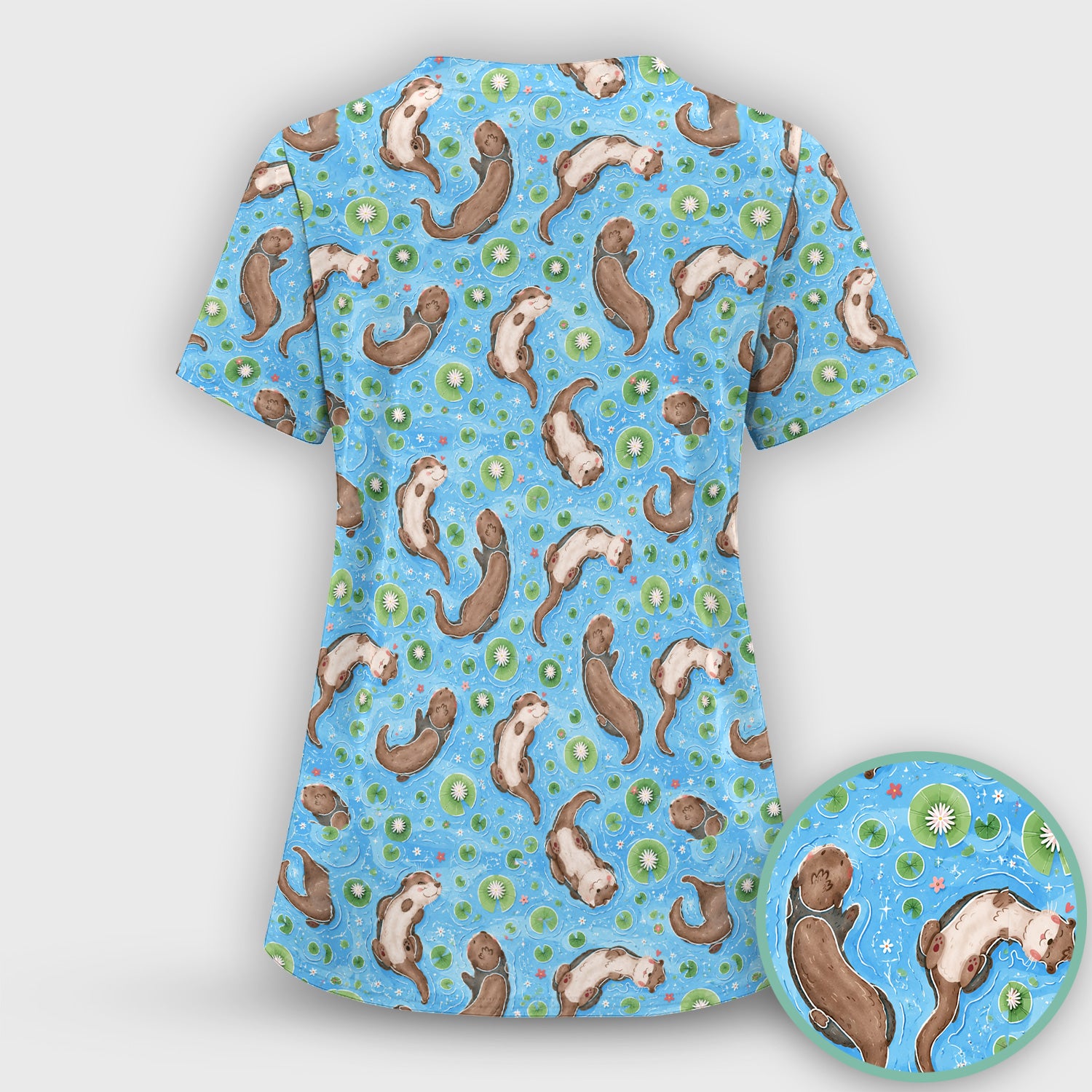 Cute Otter Lily Pond Nurse Print Scrub Top, Comfortable Scrubs for Nurses