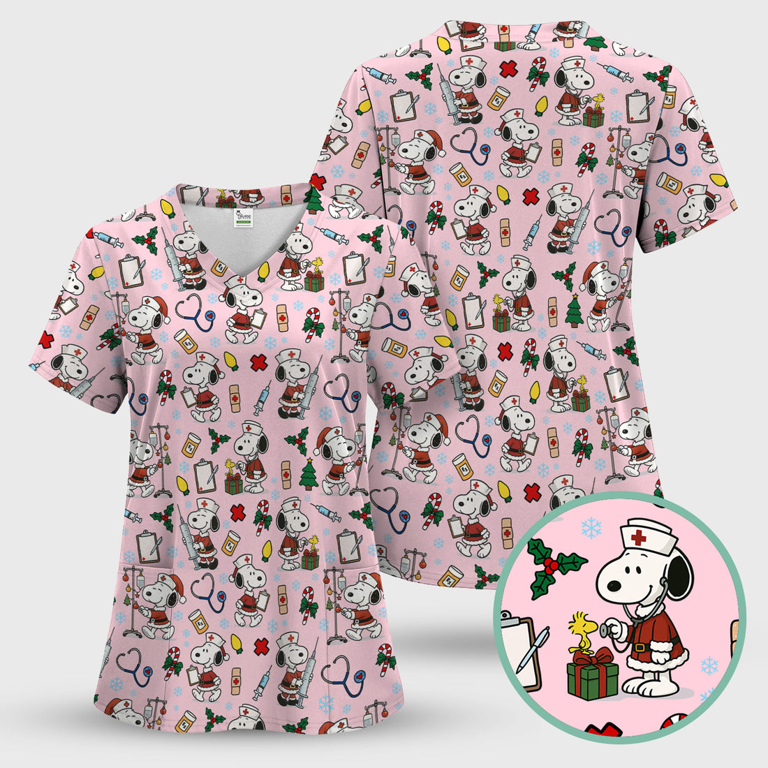 Custom Christmas Scrub Top for Nurses - Snoopy Holiday Scrub Shirt Multi Color - Cute Funny Nursing Workwear with Pockets