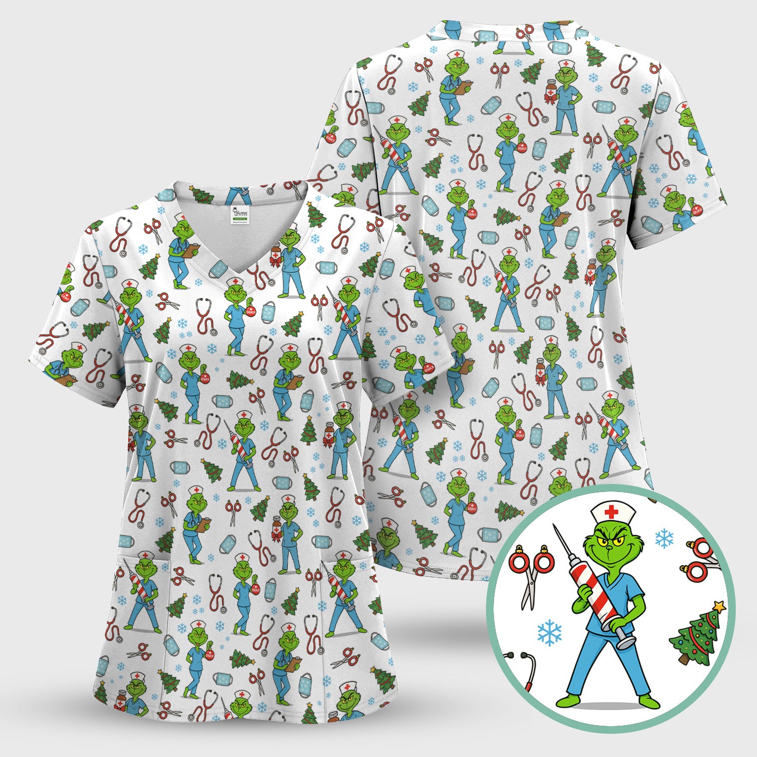 Grinch Christmas Scrub Top for Nurses - Funny Medical Workwear Top - RN LPN CNA Gift