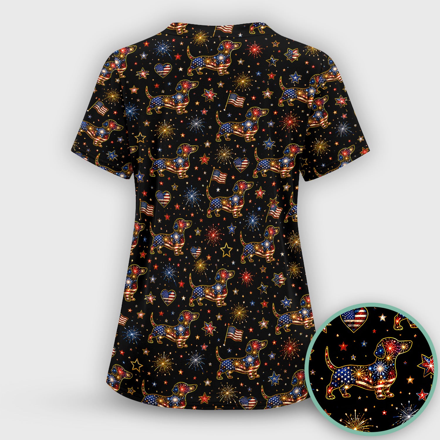 Patriotic Dachshund Nurse for RN & CNA, Fireworks Dog Lover Healthcare Uniform Scrub Top, Comfortable Scrubs for Nurses