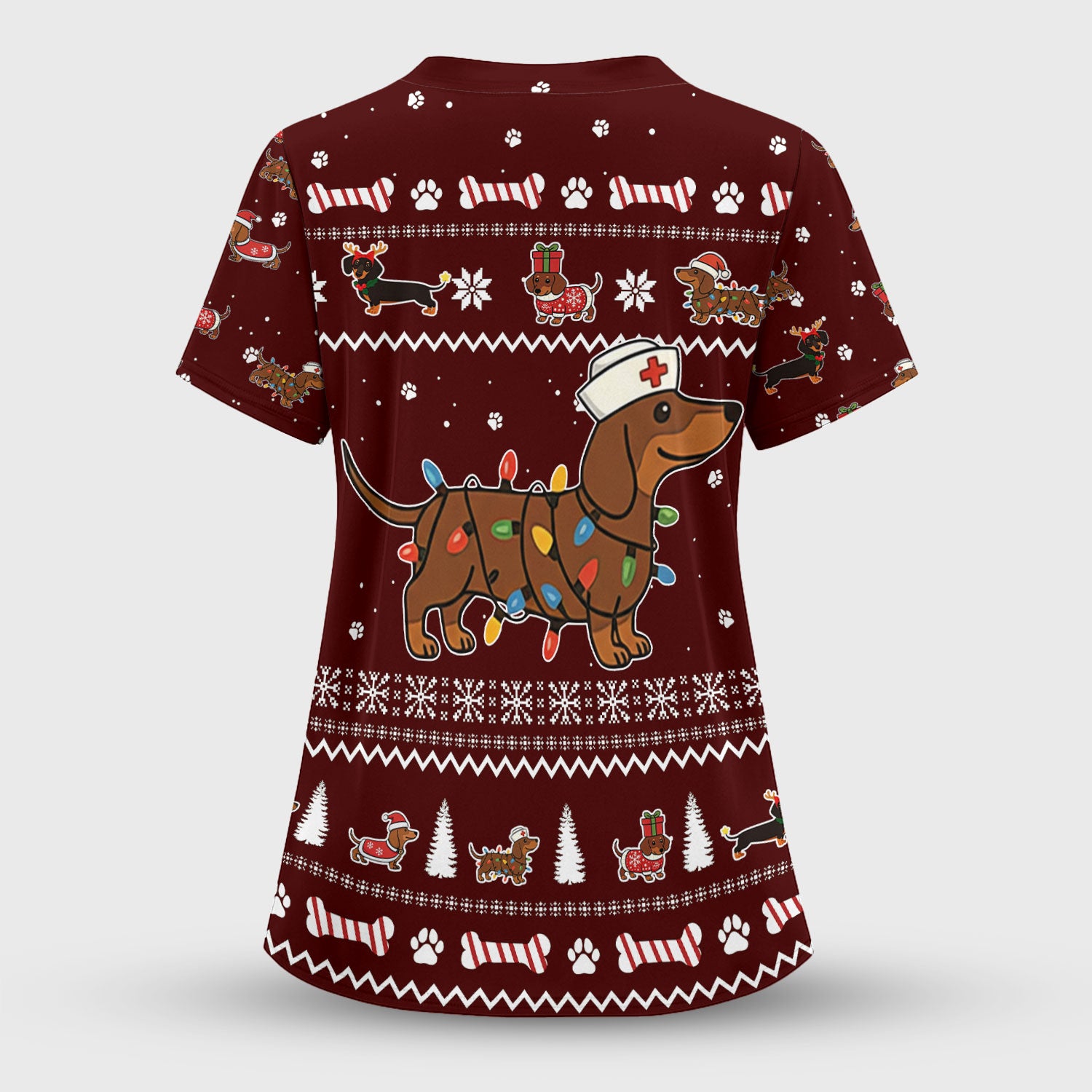 Christmas Dachshund Nurse Scrub Top for Women - Cute Sausage Dog Wearing Lights - Funny Holiday Medical Shirt Gift for RN CNA LPN