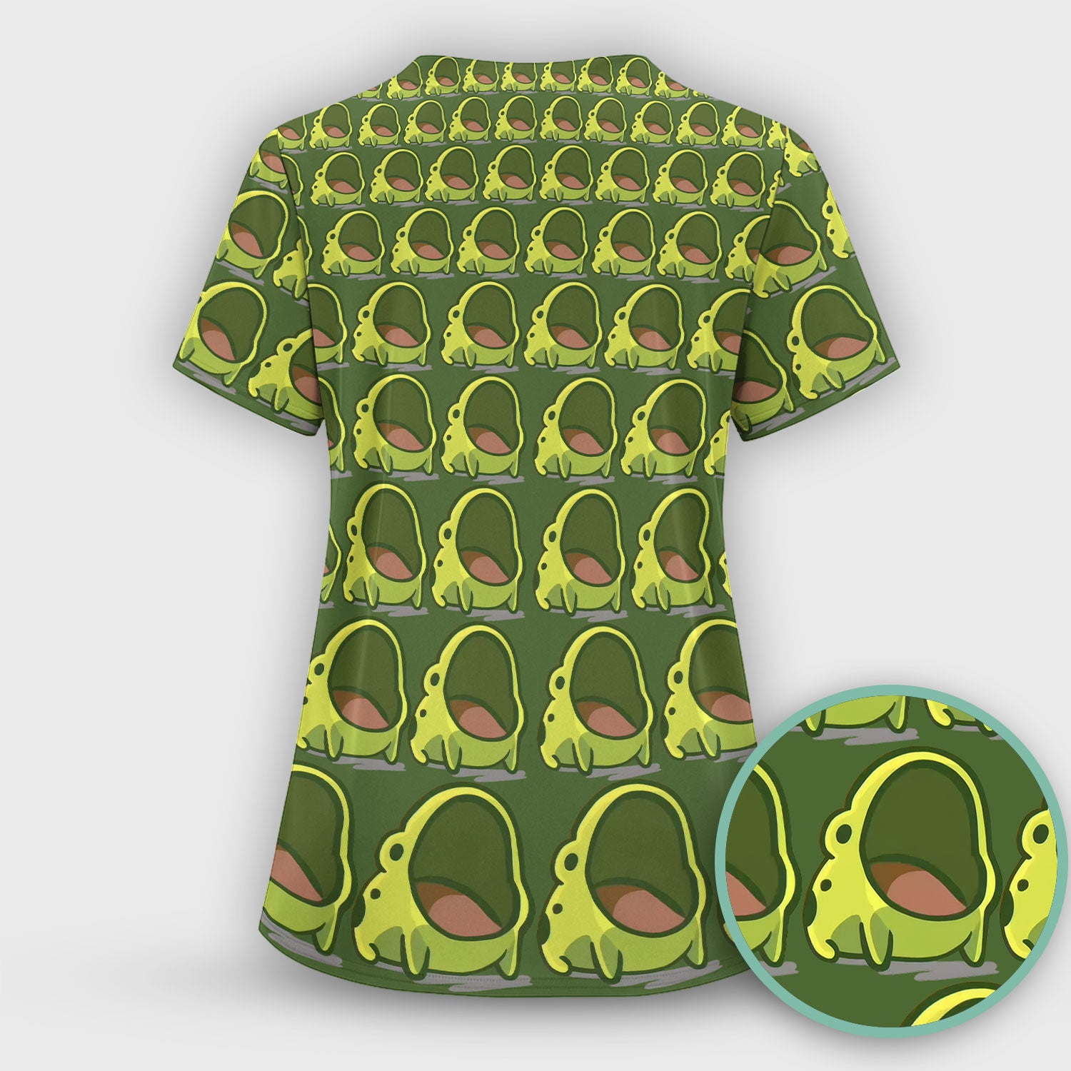 Cute Green Frog Cartoon Pattern Scrub Top, Breathable Fabrics Nursing Uniform