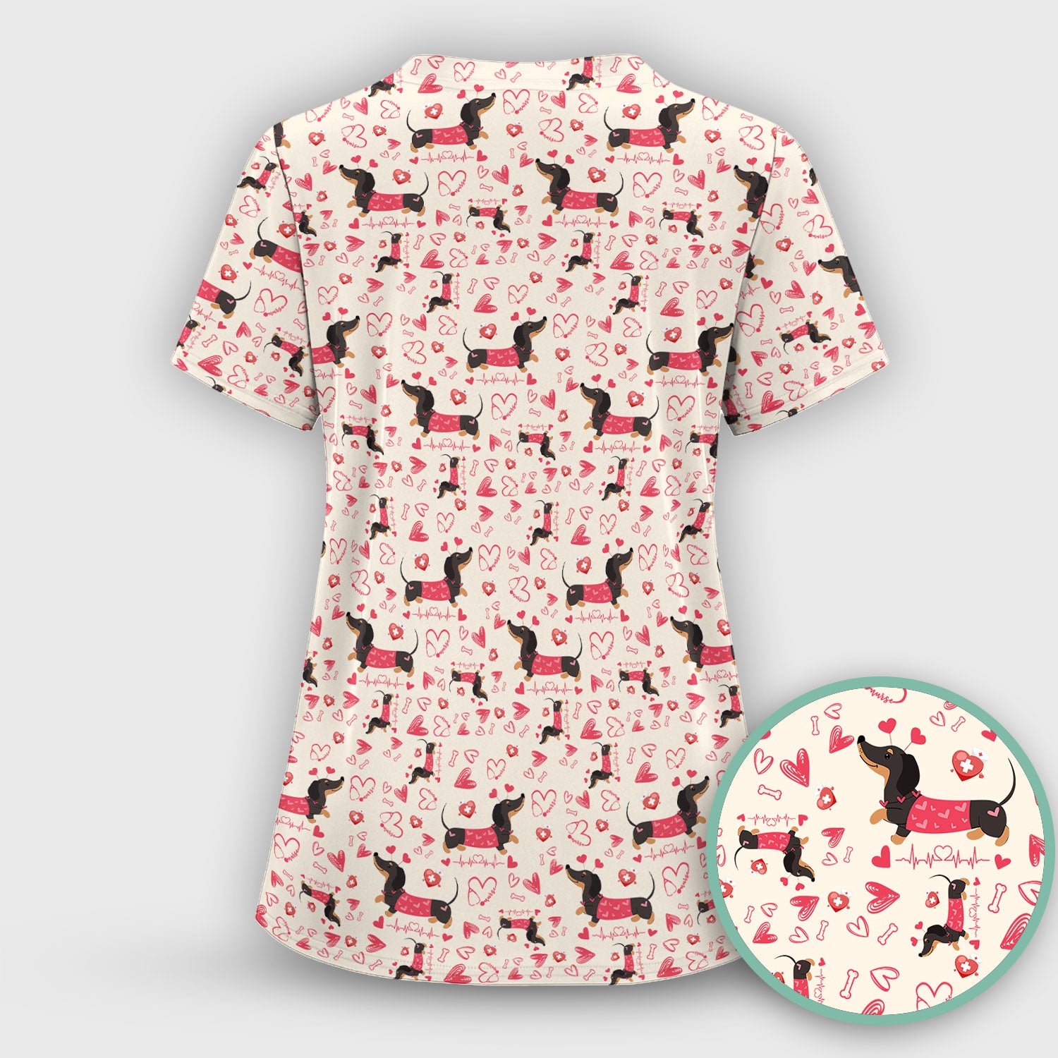 Dachshund Valentine Scrub Set, Cute Wiener Dog Heart Pattern Nurse Shirt, Breathable Fabrics Nursing Uniform