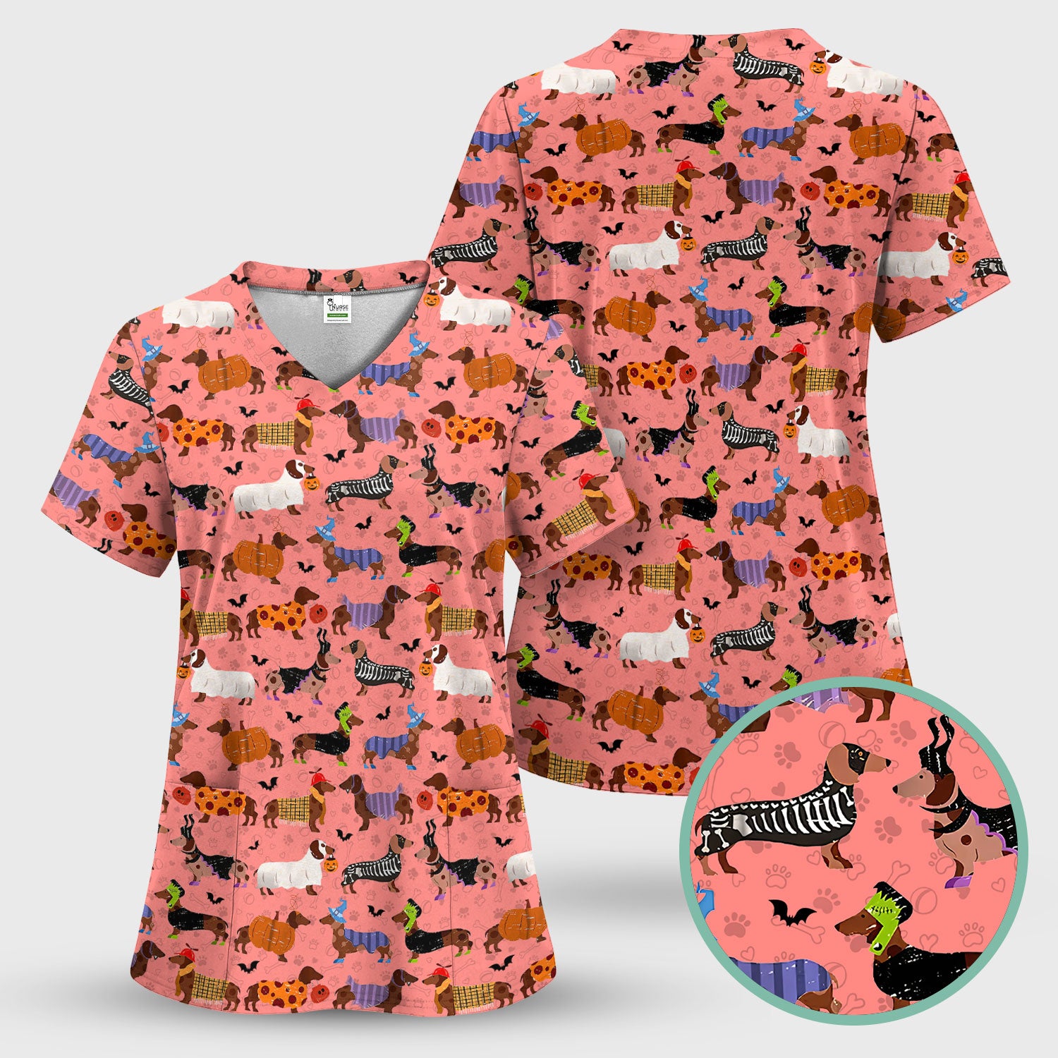 Funny Halloween Dachshund Scrub Top - Cute Sausage Dog Pumpkin Skeleton Nurse Shirt for Women - RN LPN CNA Medical Gift