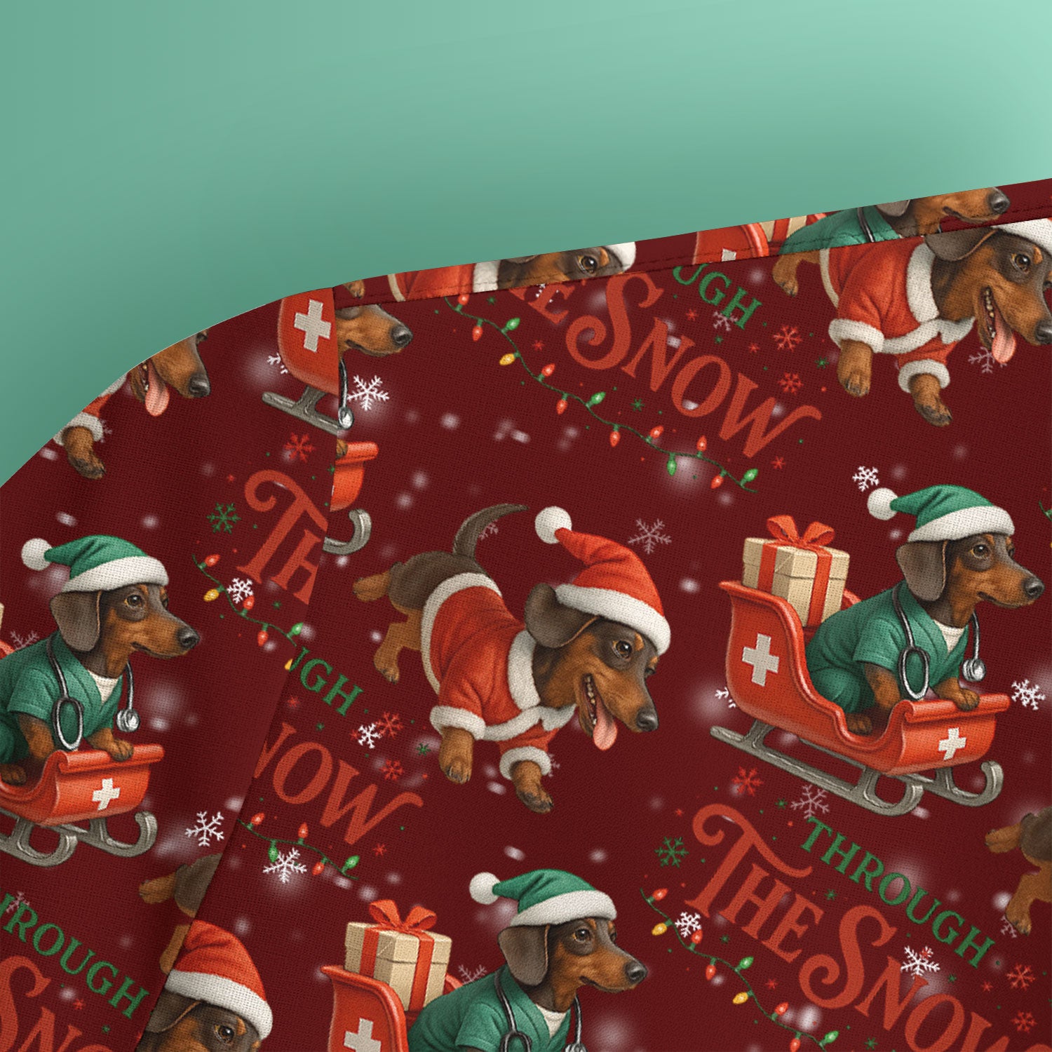 Dachshund Christmas Scrub Top, Cute Dog Nurse Scrub Shirt, Through The Snow Pattern Nursing Uniform