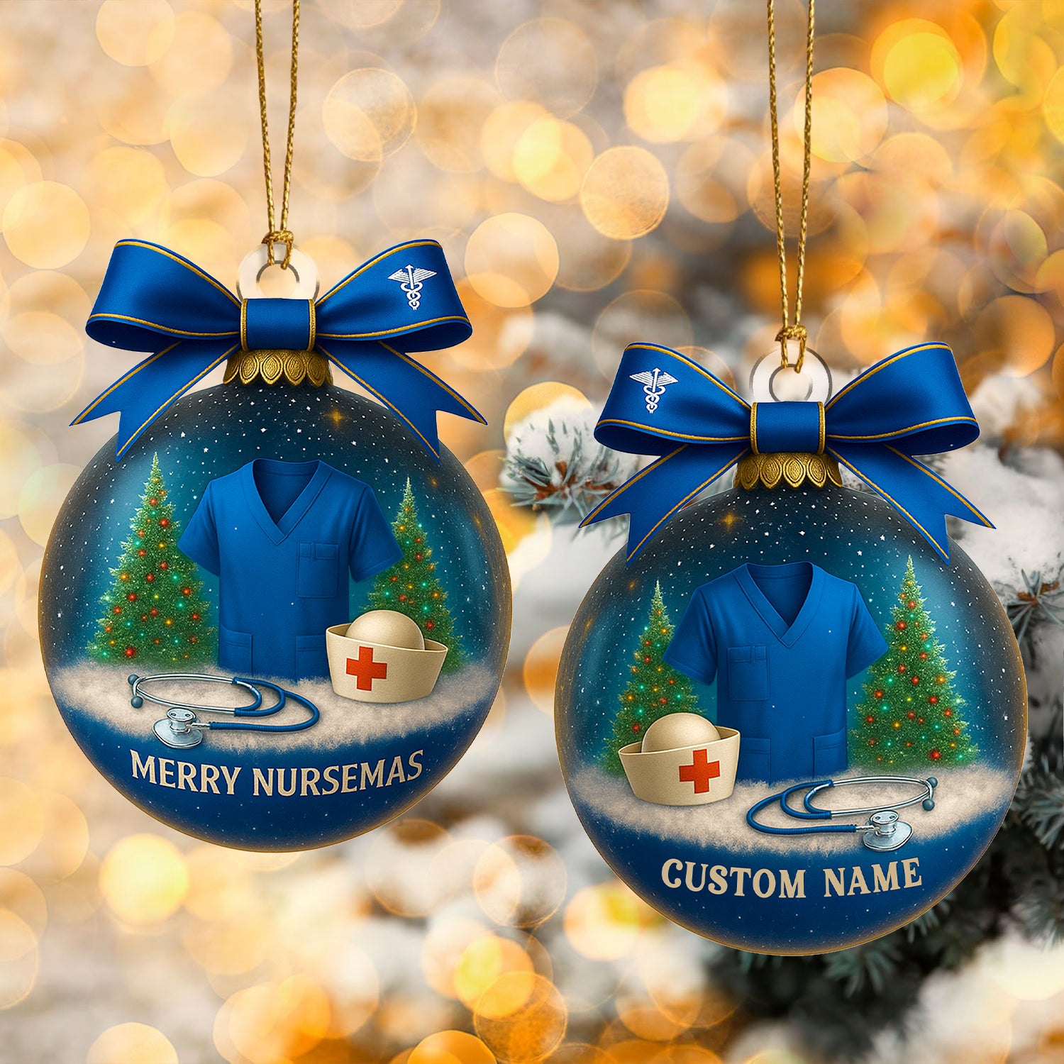 Custom Name Nurse Ornament, Blue Scrub Christmas Ornament With Bow, Merry Nursemas Medical Ornament, Holiday Gift for RN And Doctor
