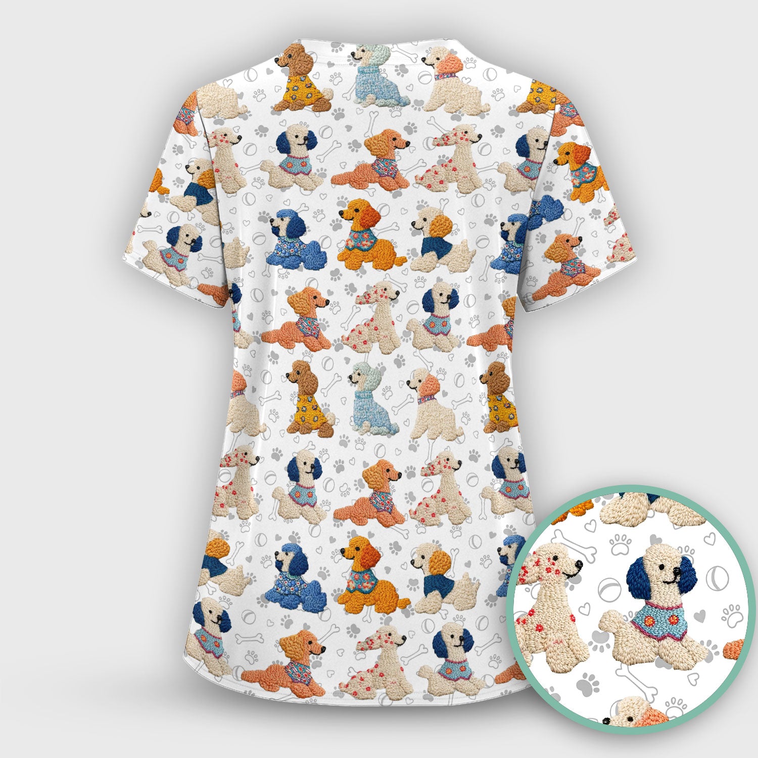 Cute Colorful Poodle Pattern Scrub Top, Comfortable Scrubs for Nurses