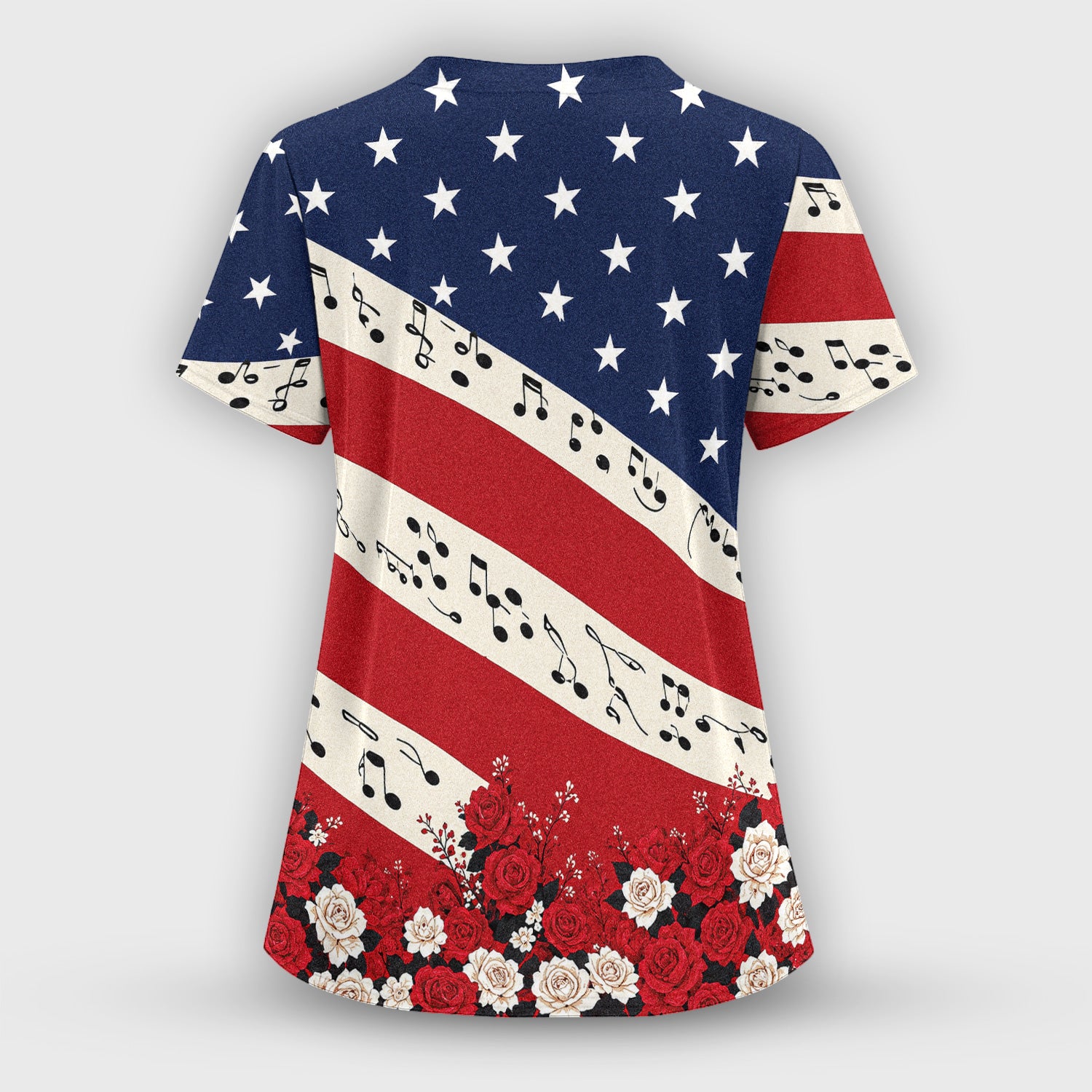 Patriotic Music Notes Nurse Scrub Top for RN, CNA, Healthcare Workers, Floral USA Uniform Scrub Top, Comfortable Scrubs for Nurses