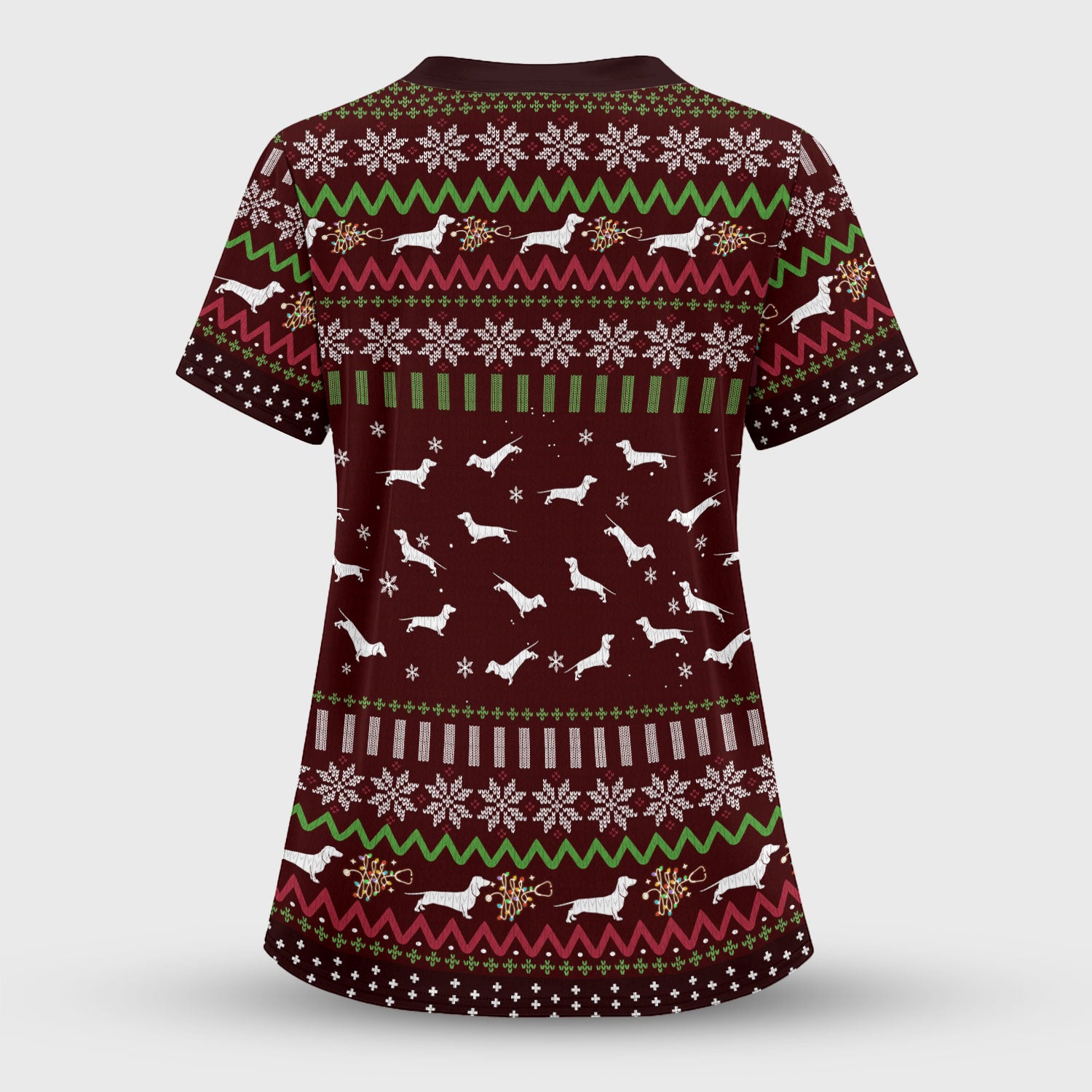 Dachshund Through The Snow Christmas Scrub Top - Funny Sausage Dog Xmas Tree Nurse Shirt - Cute Holiday Medical Uniform