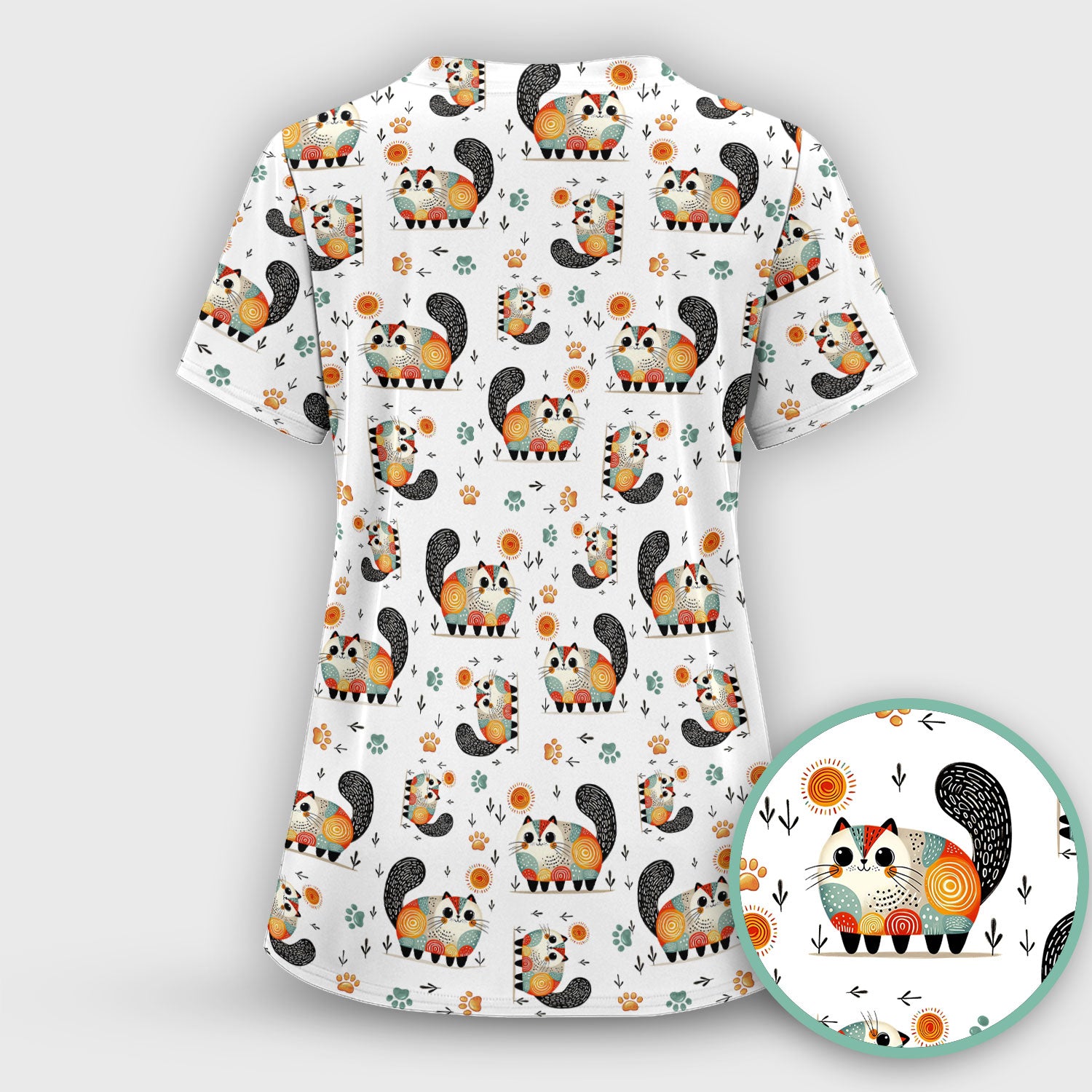 Playful Cat Illustration Nurse Scrub Top, Comfortable Scrubs for Nurses