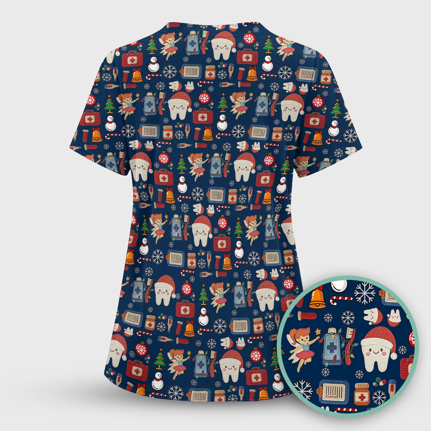 Christmas Dental Scrub Top - Cute Santa Tooth & Snowman Shirt - Festive Holiday Medical Uniform for Dentists, Hygienists & Nurses