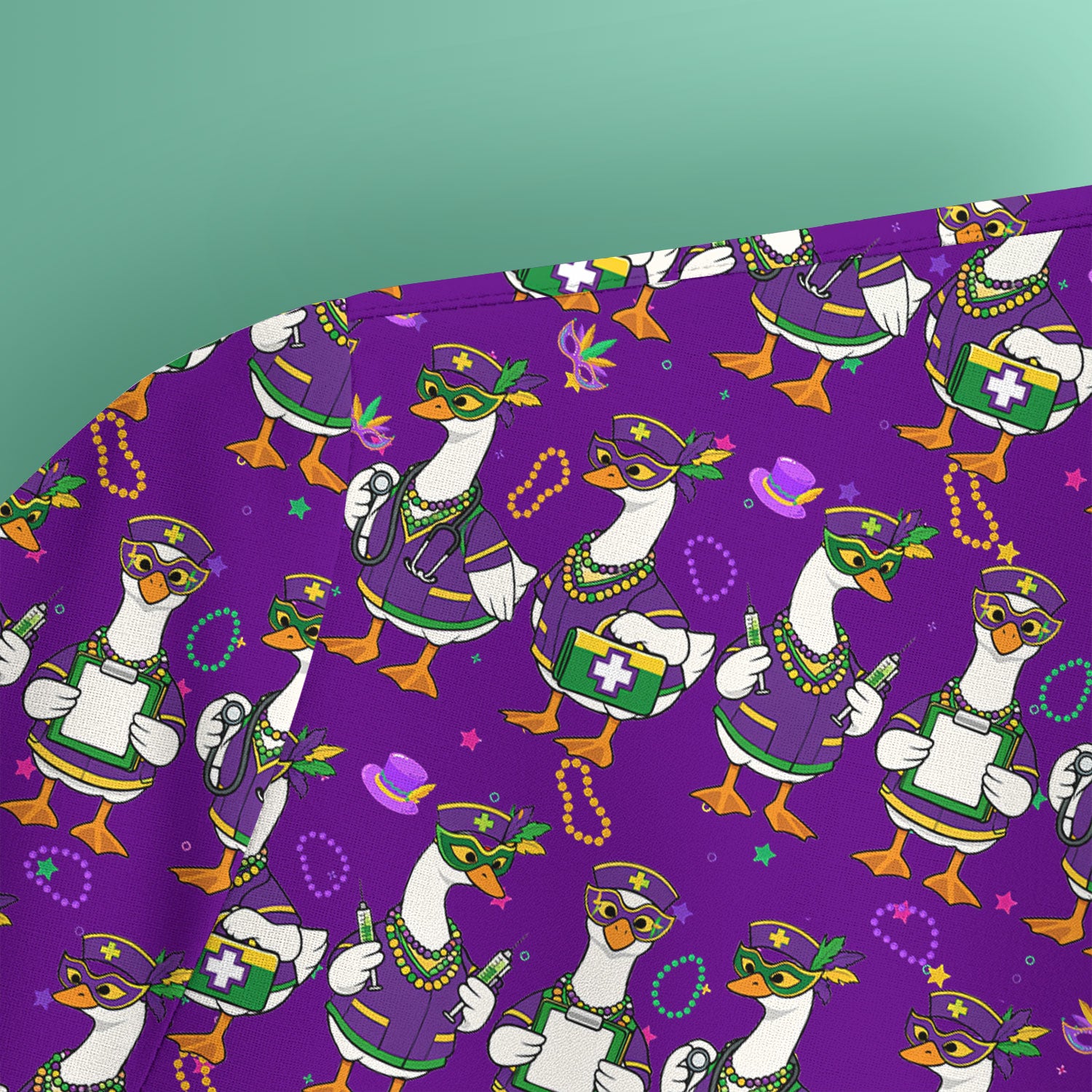 Mardi Gras Nurse Goose Scrub Top, Purple Carnival Parade Medical Pattern Nurse Shirt, Breathable Fabrics Nursing Uniform