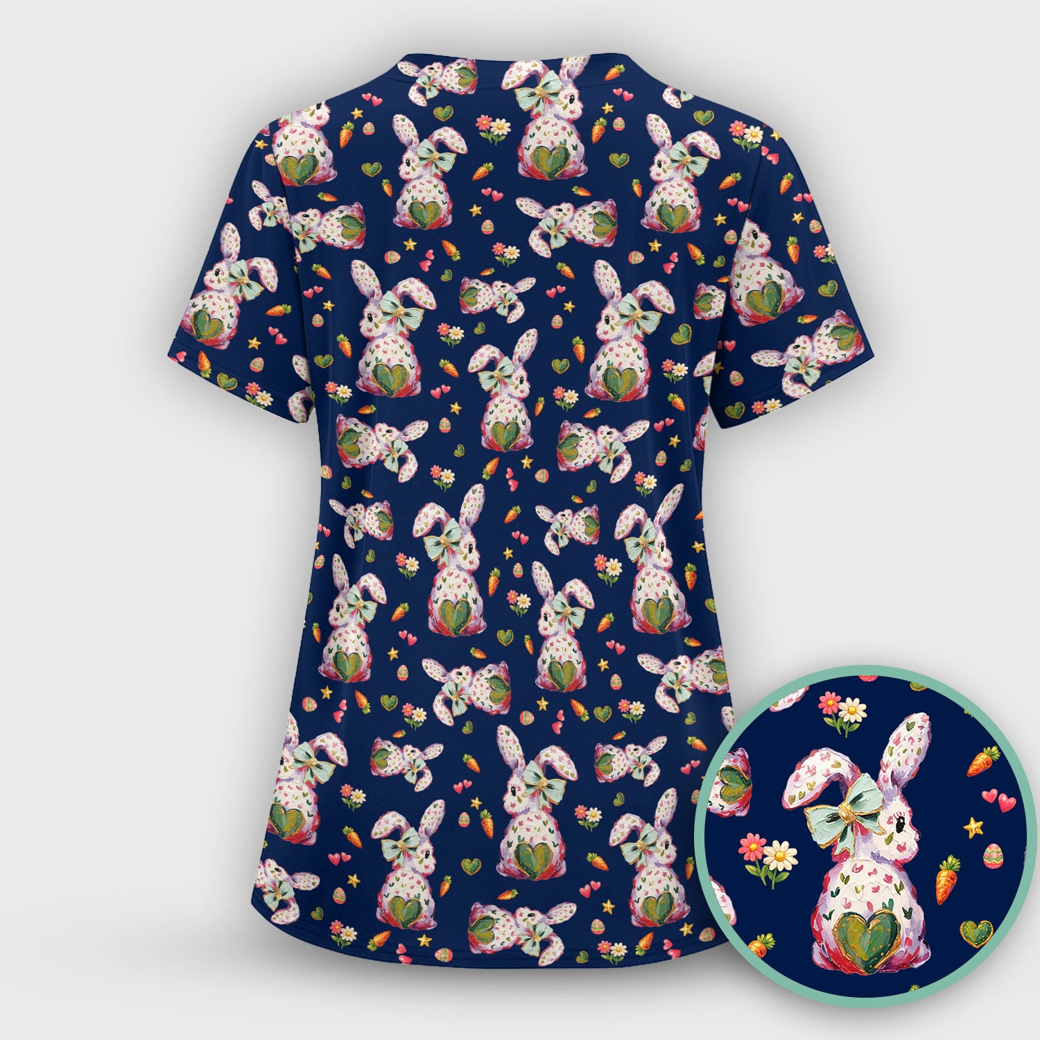 Cute Pastel Bunny Easter Pattern Scrub Top, Comfortable Scrubs for Nurses