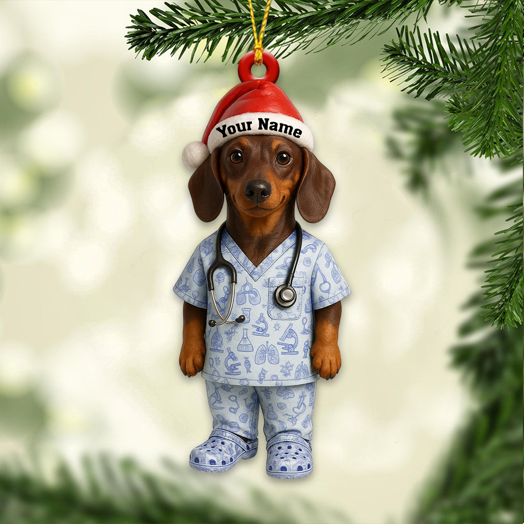 Personalized Dachshund Nurse Ornament – Custom Name Medical Scrub Dog Decor, Toile De Jouy Vet Tech Christmas Gift