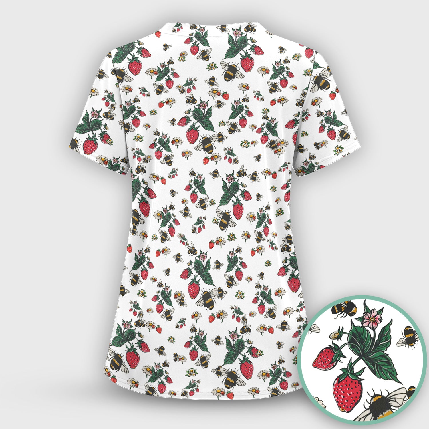 Cute Strawberry Bee Daisy Floral Pattern Scrub Set, Scrub Pants and V Neck Top