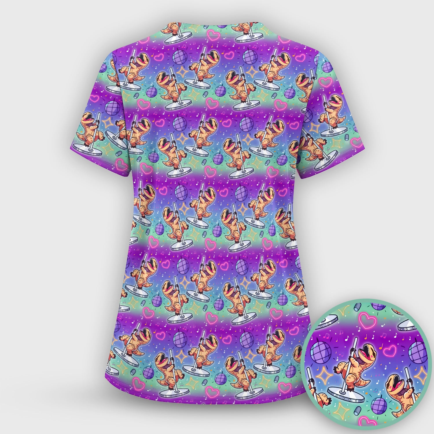 Funny Dancing Dinosaur Disco Party Pattern Nurse Scrub Top, Comfortable Scrubs for Nurses