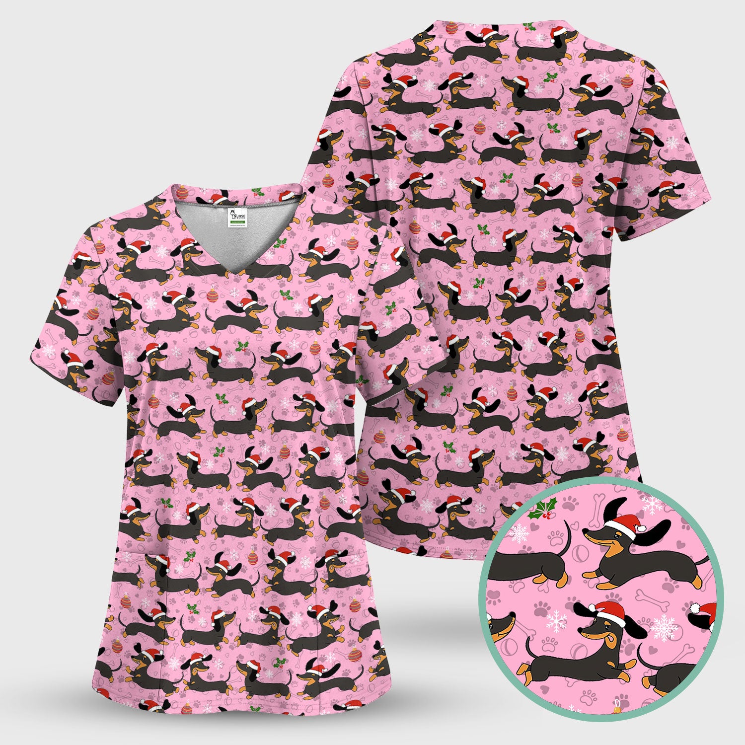 Christmas Wiener Dog Scrub Top - Cute Dachshund in Santa Hat - Funny Holiday Nurse Shirt for Women RN LPN CNA Medical Gift