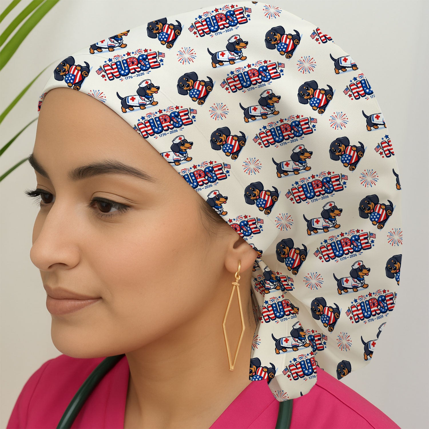Proud Nurse Patriotic Dachshund Medical Firework Pattern Cap, Bouffant Scrub Caps for Women