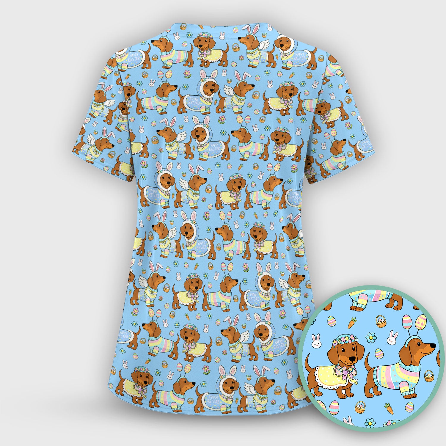Easter Dachshund Bunny Print Scrub Top, Breathable Fabrics Nursing Uniform