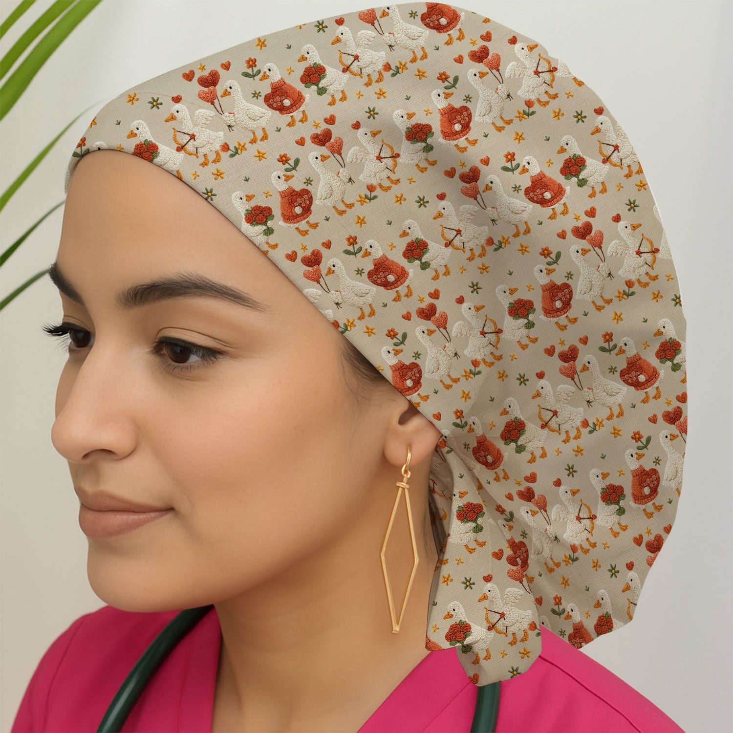 Cute Goose Nurse Scrub Cap, Valentine Farm Medical Pattern Hat, Breathable Fabrics Nursing Uniform