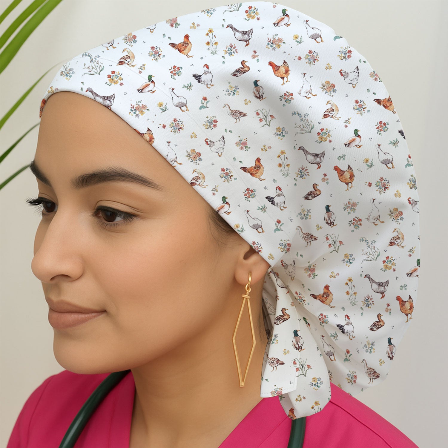 Farm Chicken Duck Floral Pattern Caps, Bouffant Scrub Caps for Women
