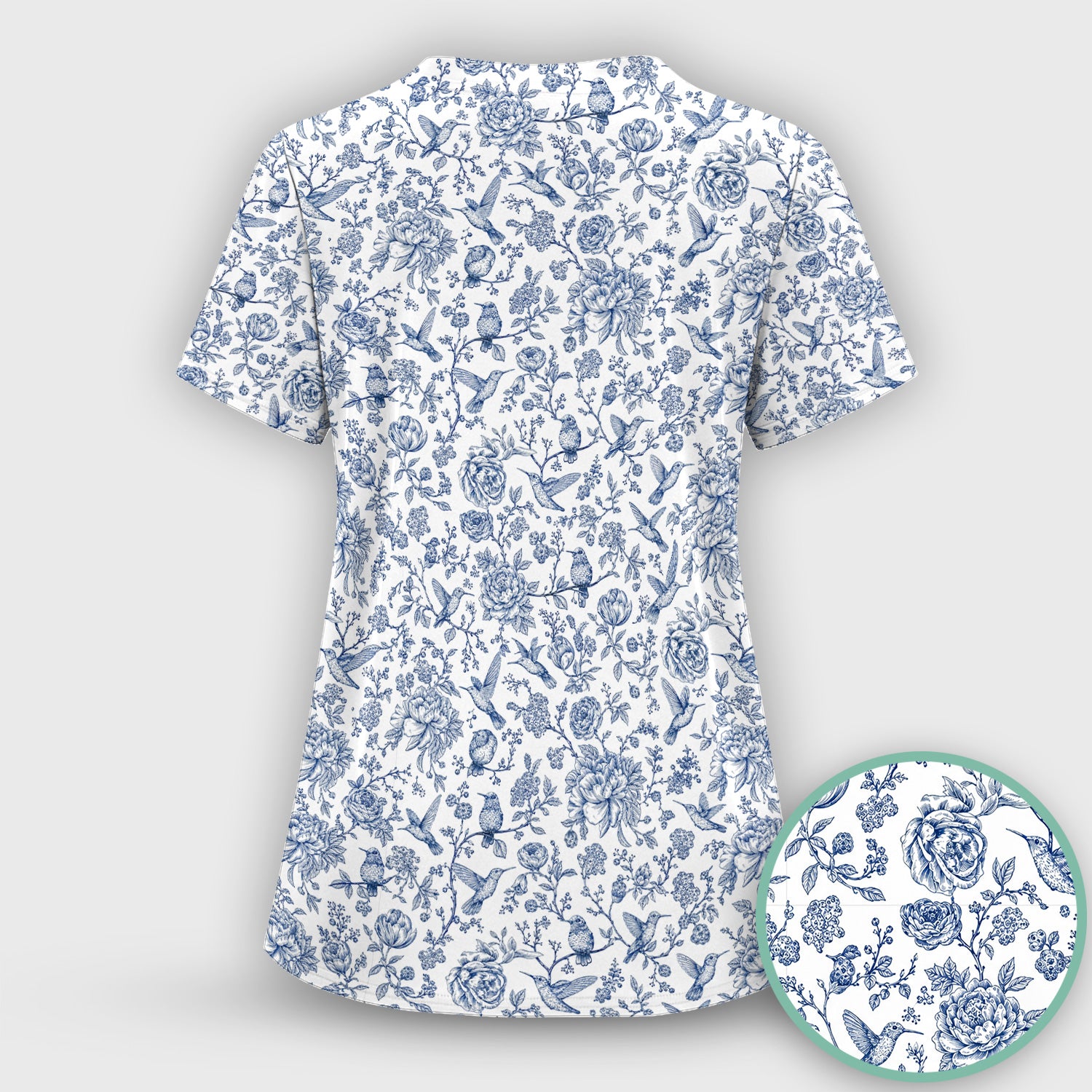 Blue Toile Hummingbird Floral Pattern Scrub Top, Comfortable Scrubs for Nurses