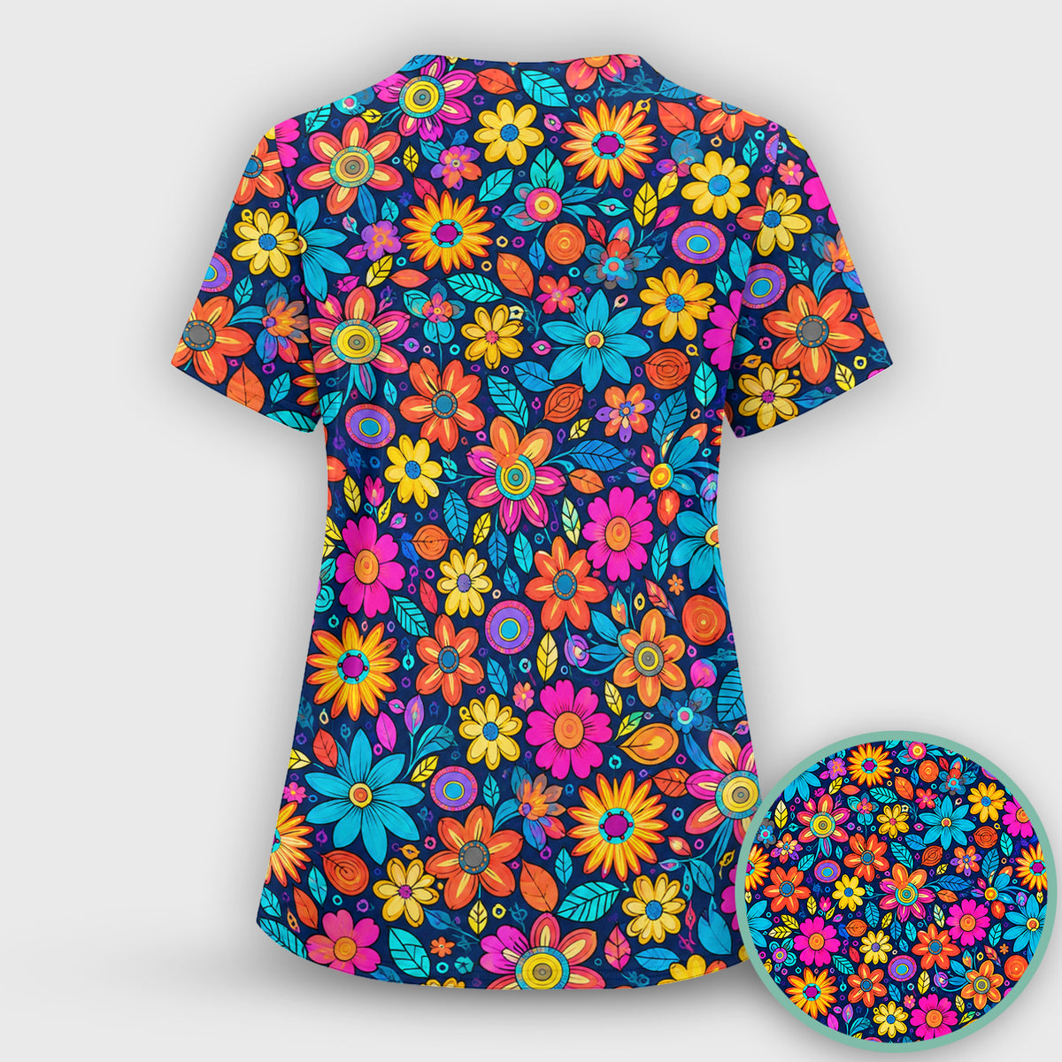 Vibrant Retro Floral Doodle Pattern Scrub Top, Comfortable Scrubs for Nurses
